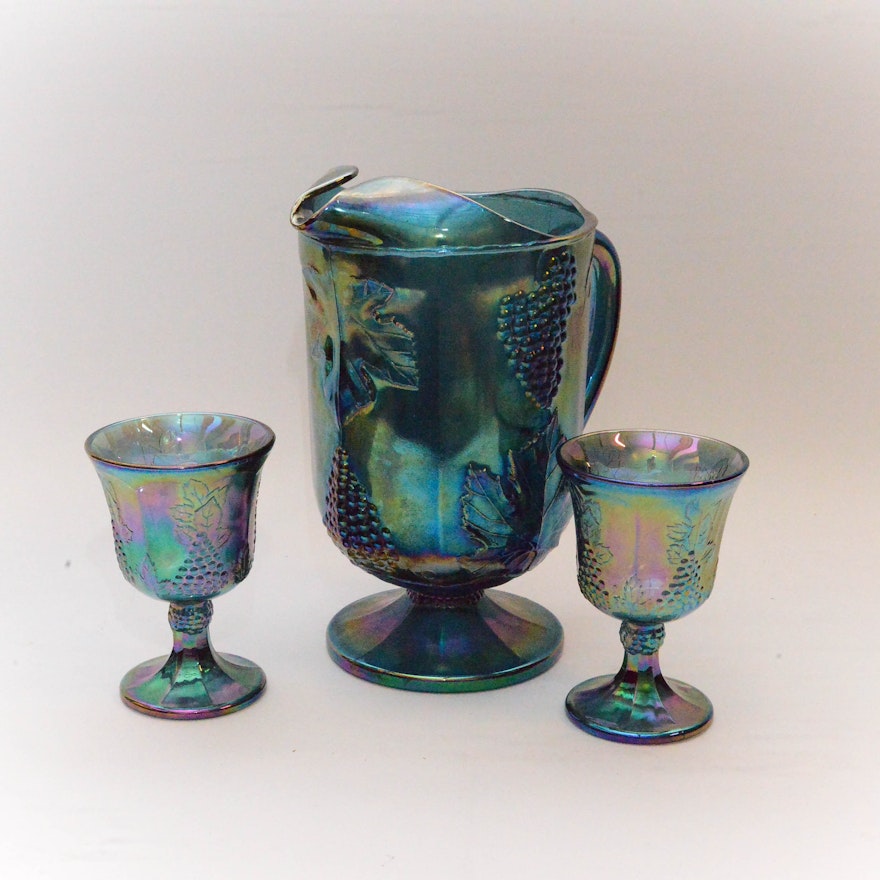 Indiana Glass "Harvest Blue" Carnival Glass Pitcher and Tumblers