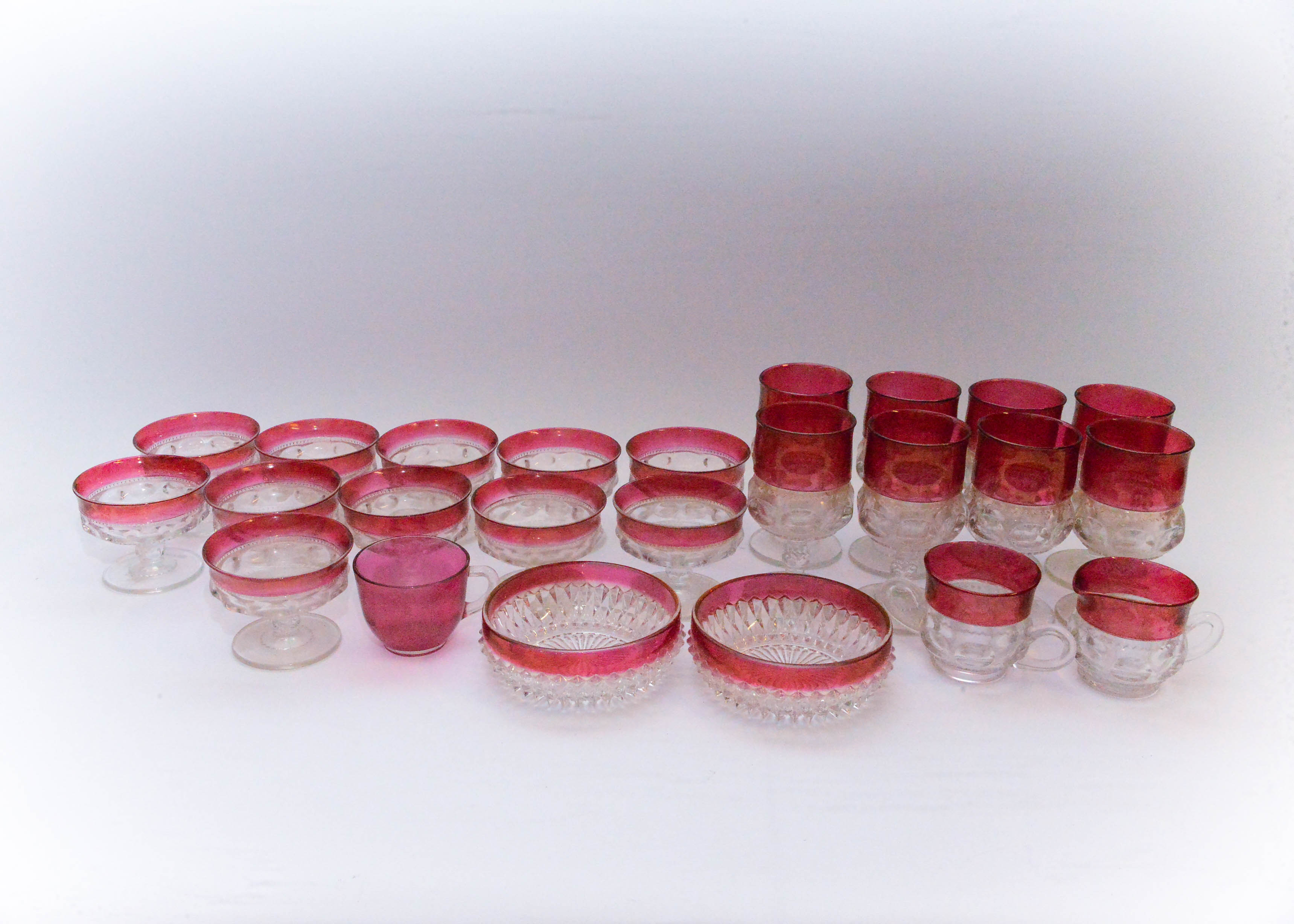 Depression Glassware in Thumbprint Pattern with Red Borders