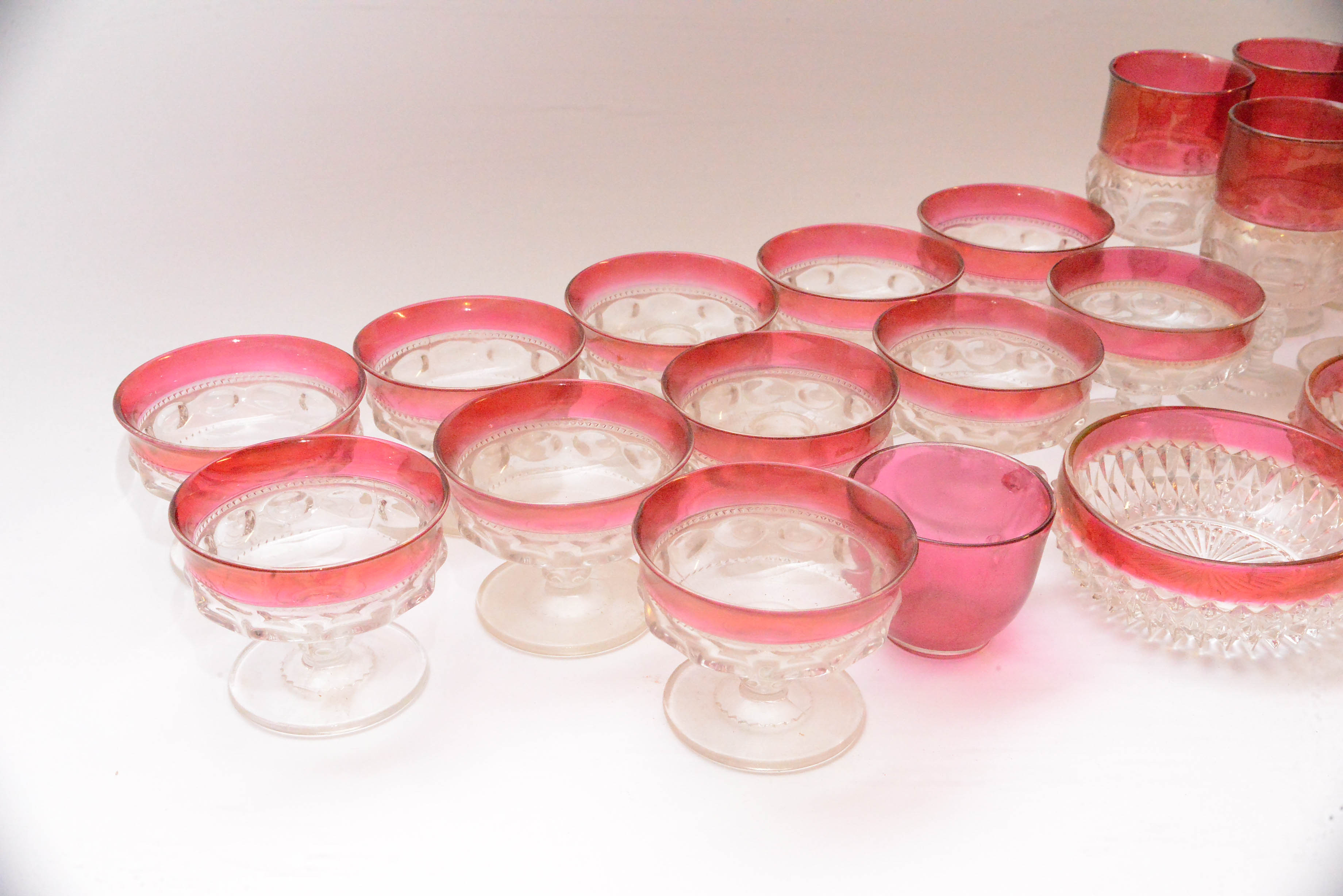 Depression Glassware in Thumbprint Pattern with Red Borders