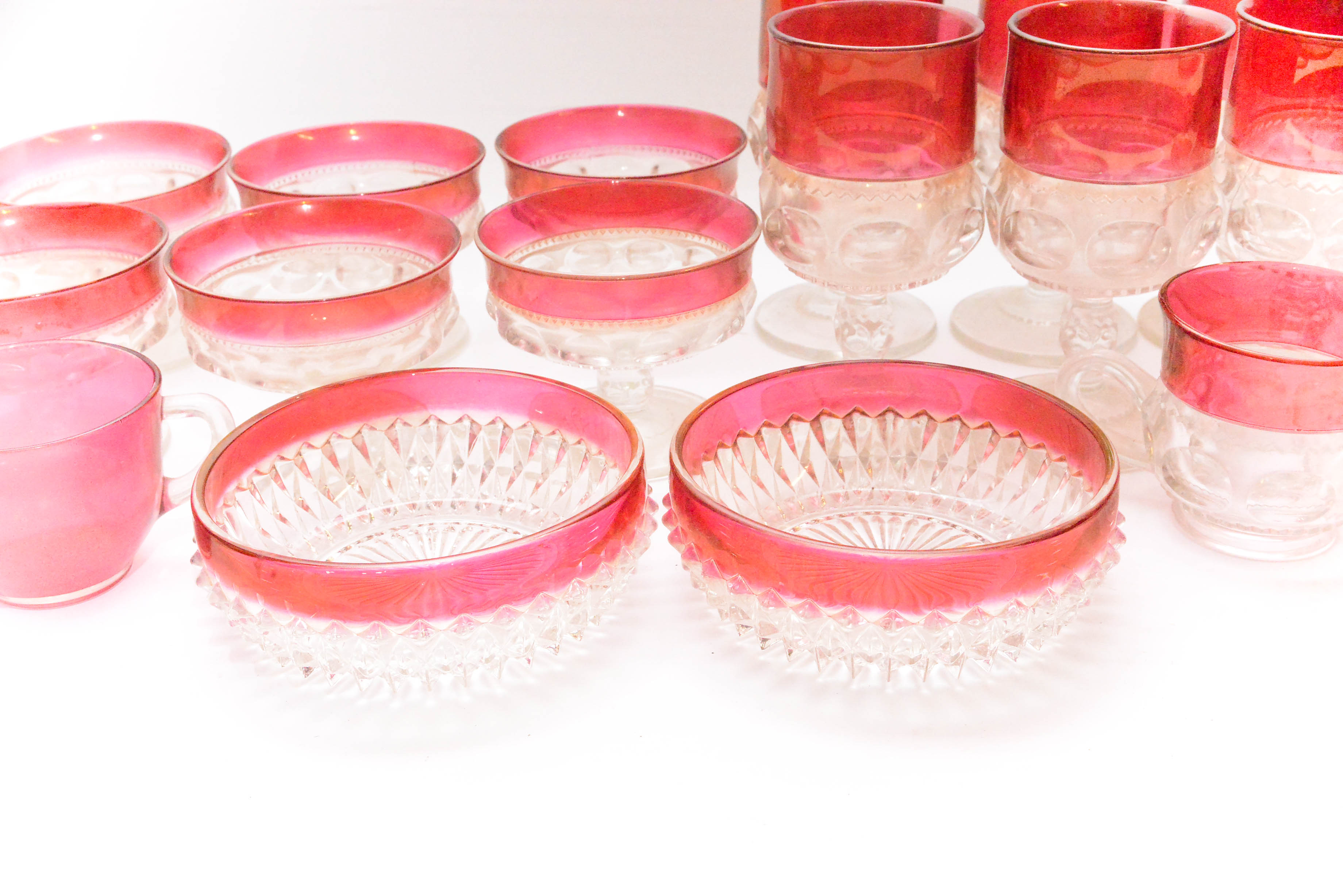 Depression Glassware in Thumbprint Pattern with Red Borders