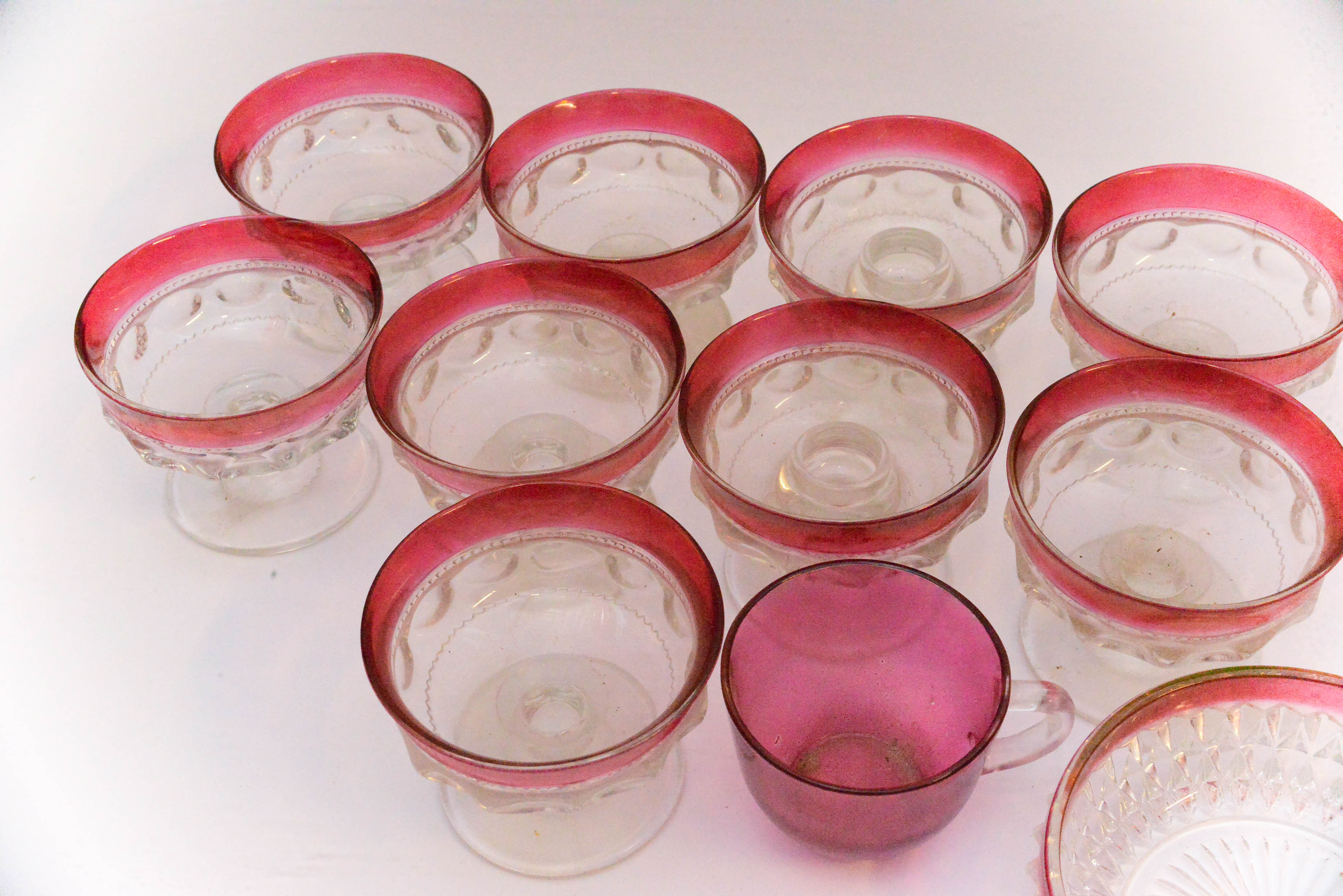 Depression Glassware in Thumbprint Pattern with Red Borders