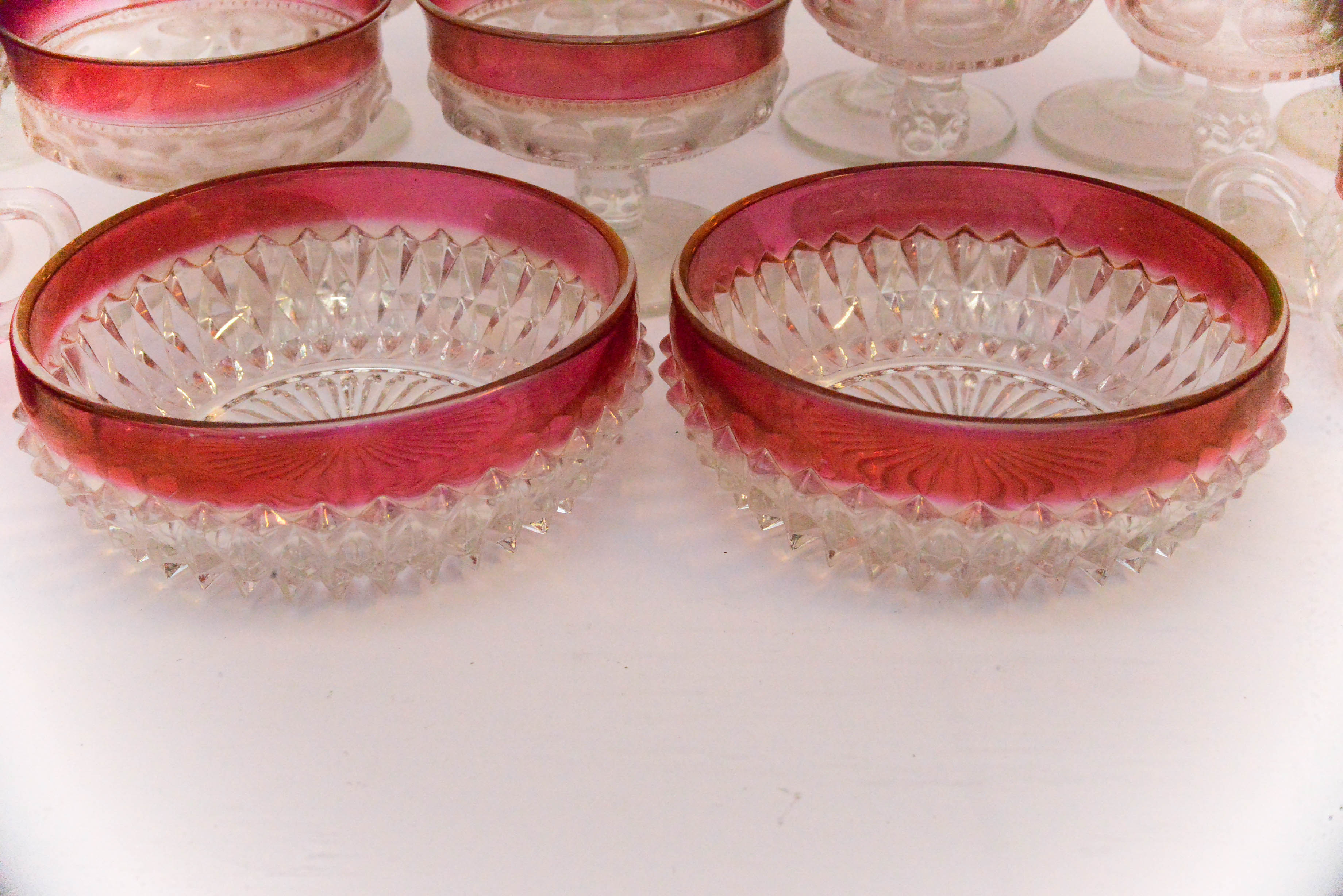 Depression Glassware in Thumbprint Pattern with Red Borders