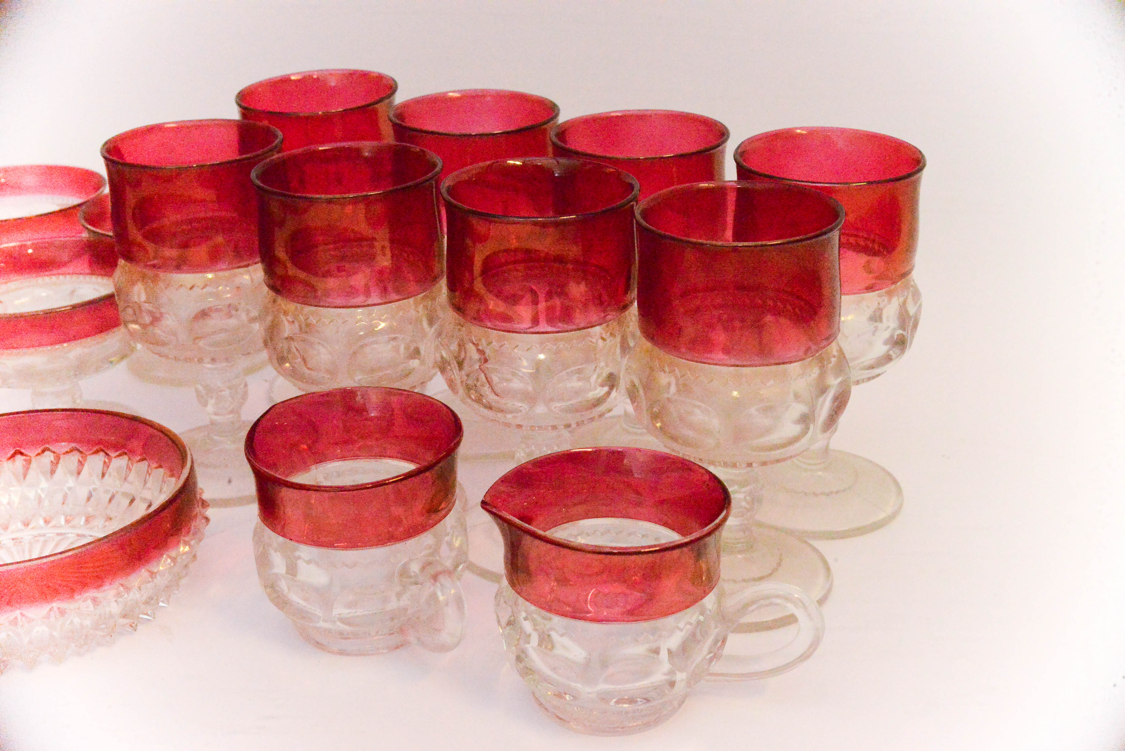 Depression Glassware in Thumbprint Pattern with Red Borders