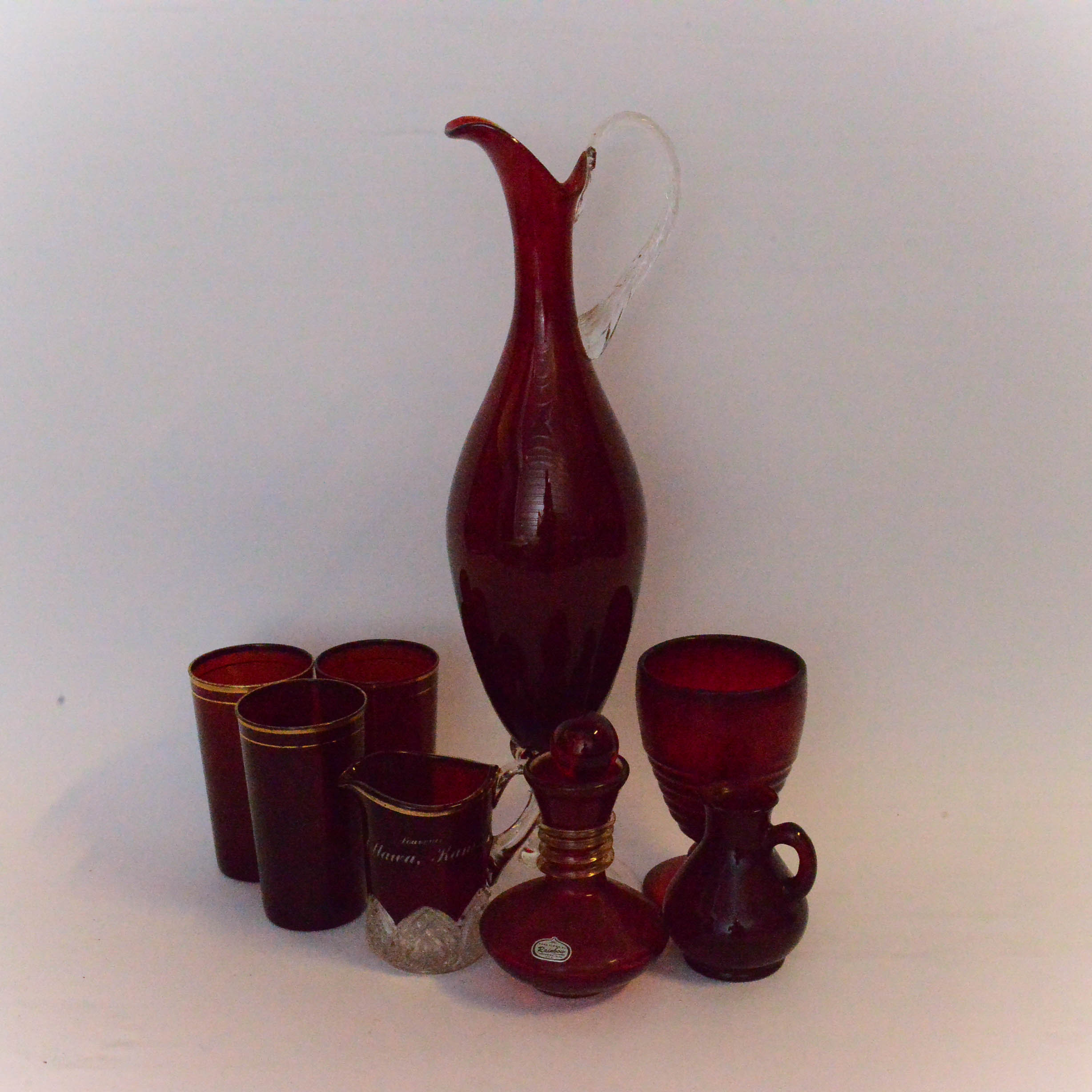 Red Glassware and Rainbow Glass Co. Bottle with Stopper