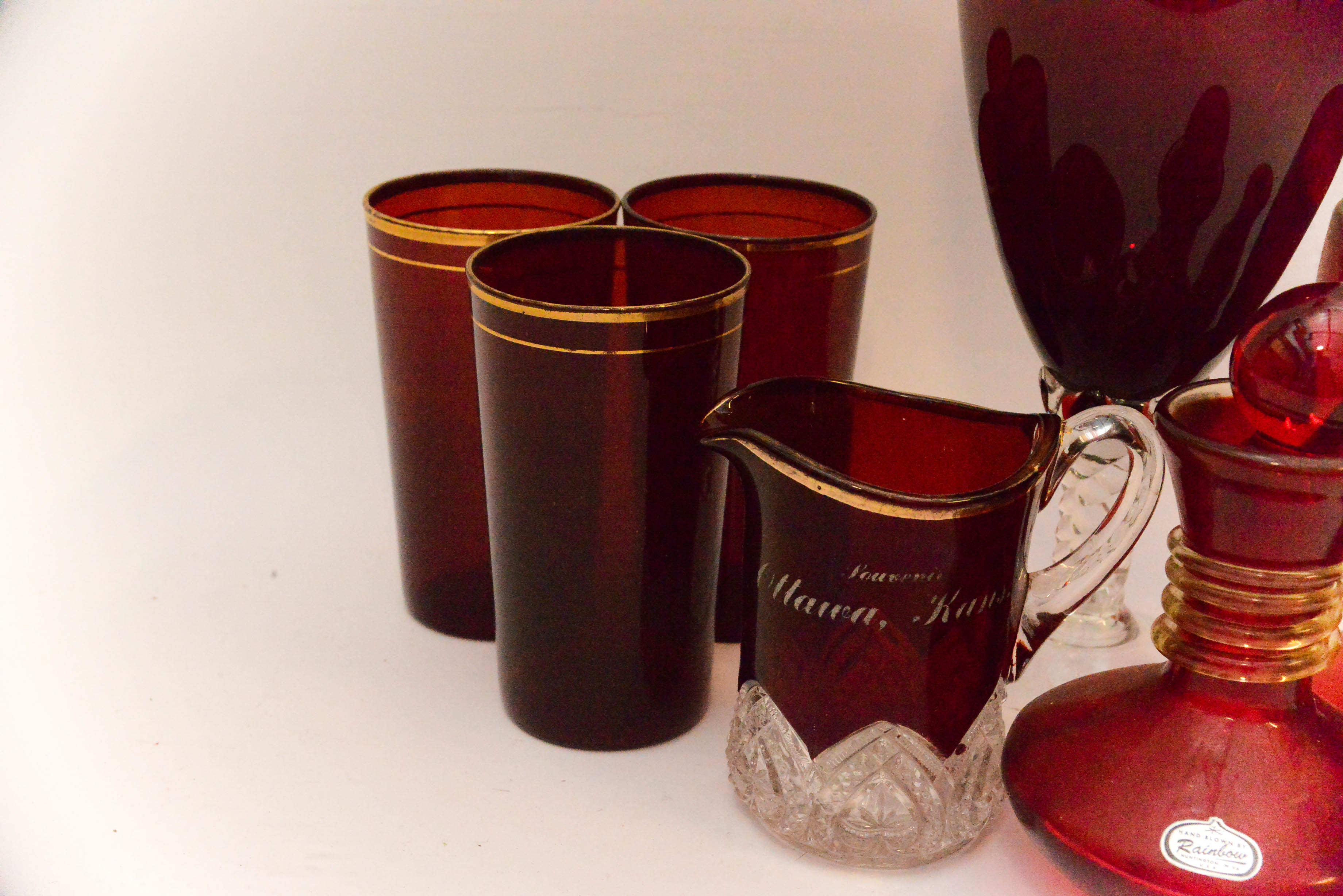 Red Glassware and Rainbow Glass Co. Bottle with Stopper