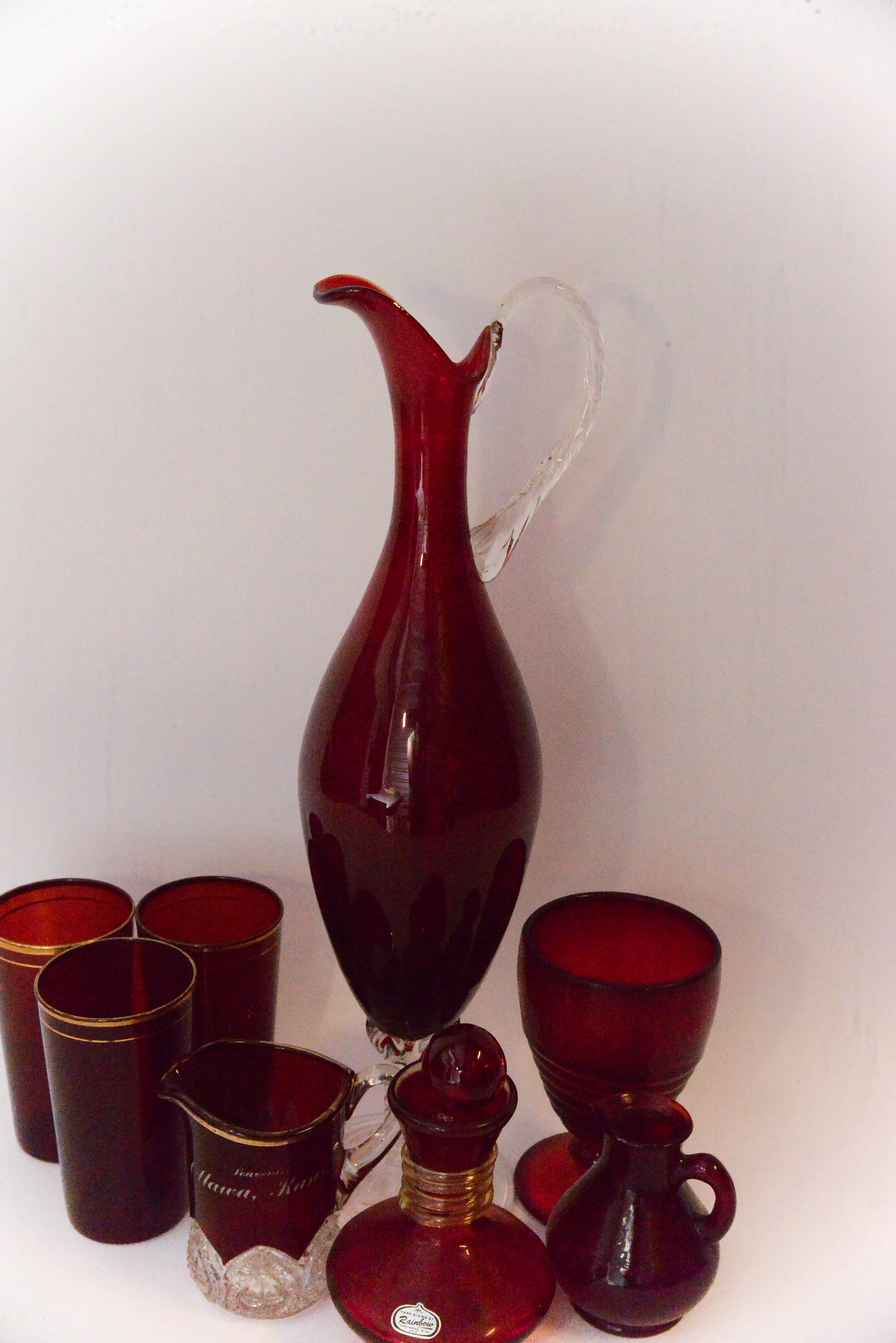 Red Glassware and Rainbow Glass Co. Bottle with Stopper
