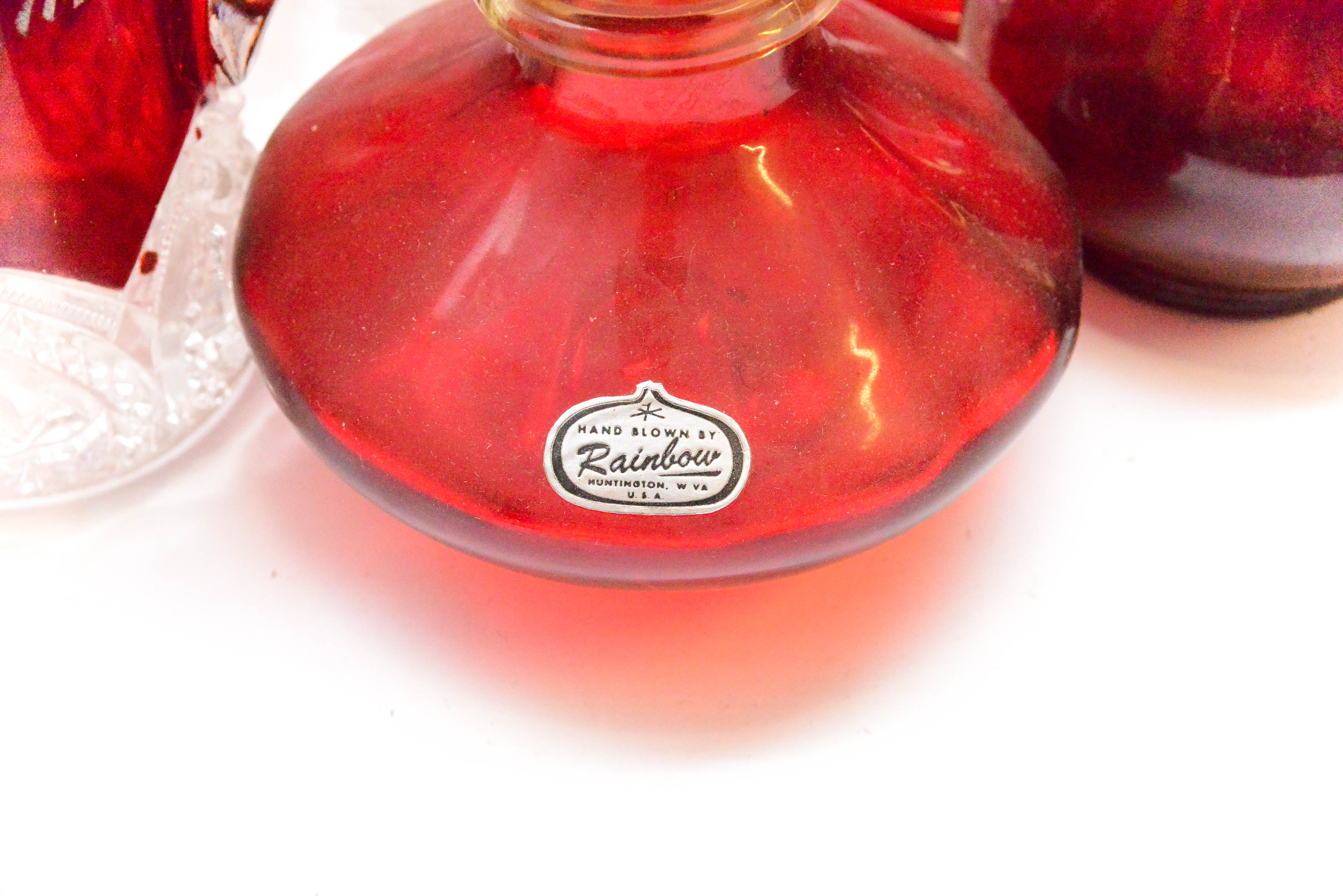 Red Glassware and Rainbow Glass Co. Bottle with Stopper
