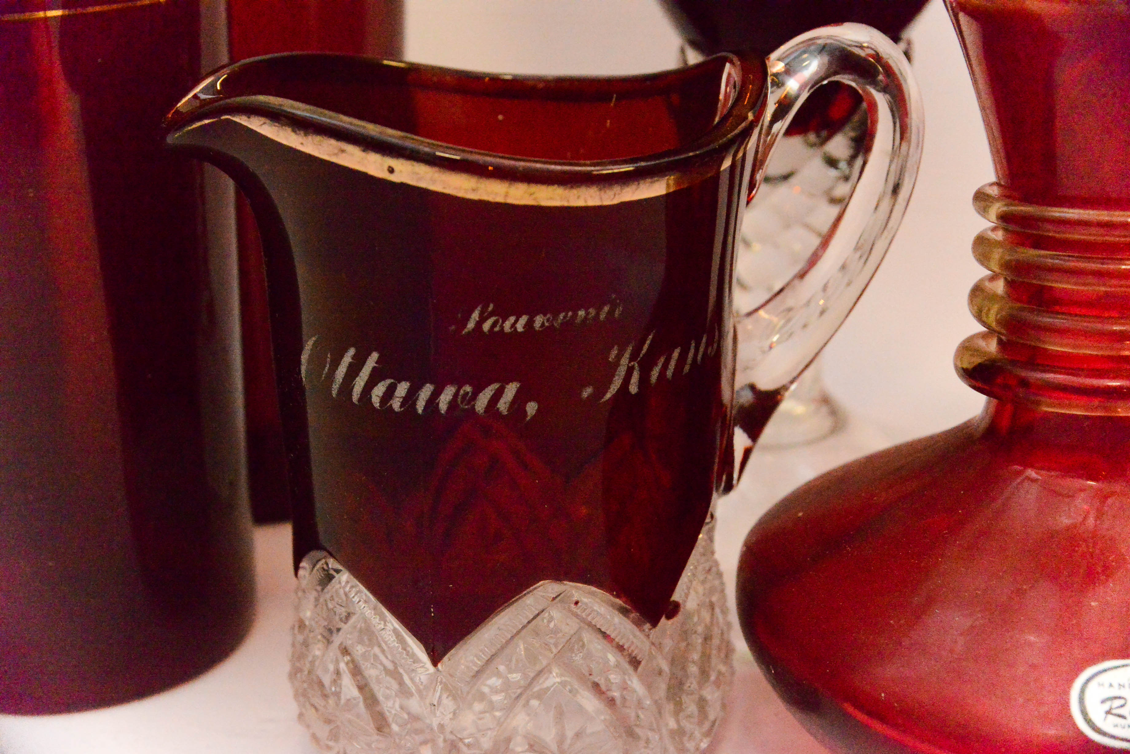 Red Glassware and Rainbow Glass Co. Bottle with Stopper