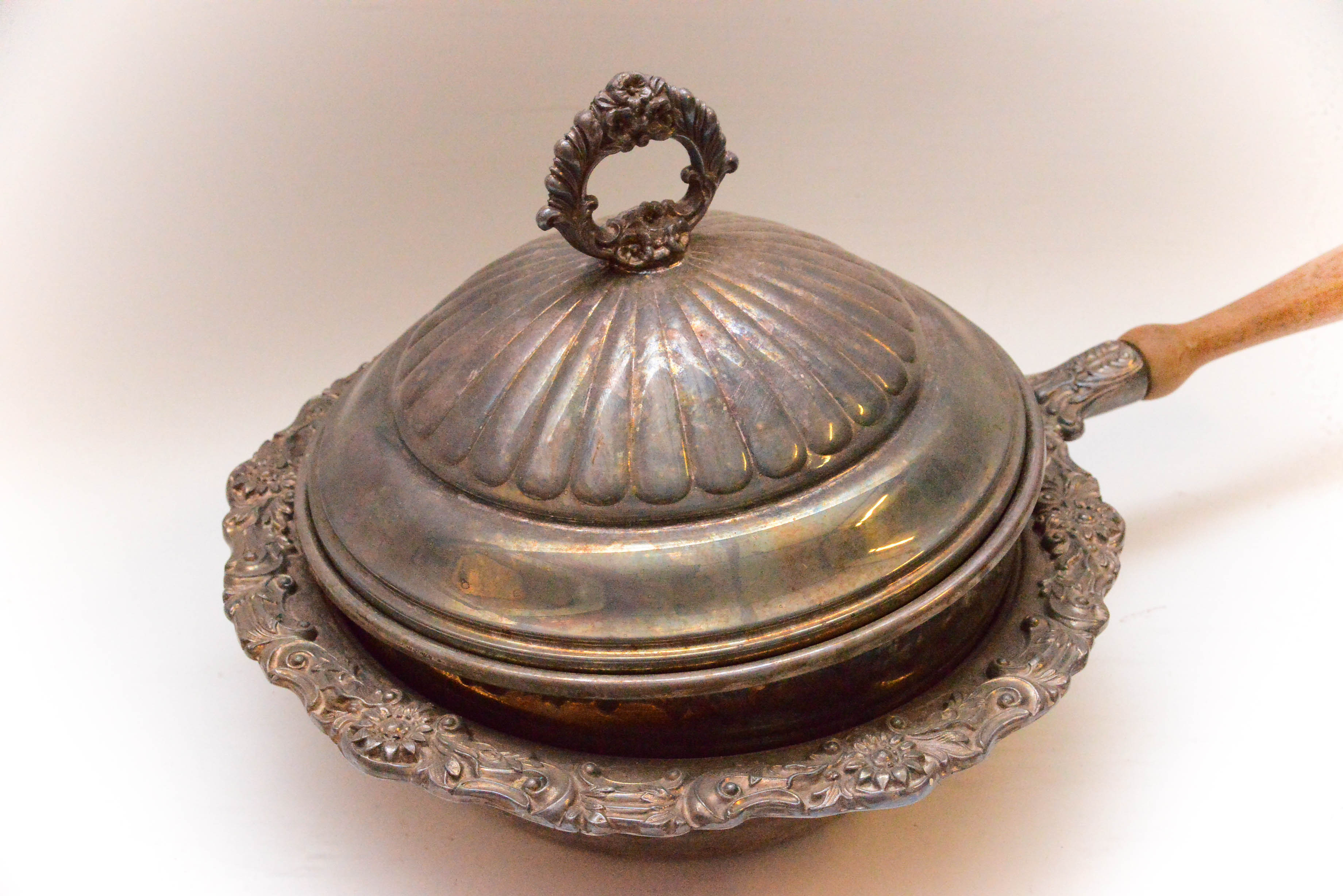 Silver Plate Chafing Dish with Wood Handle