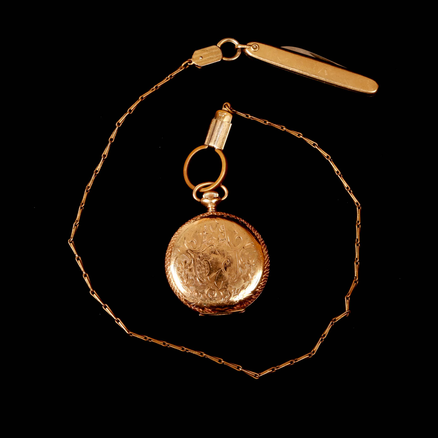 Vintage Elgin Gold Filled Pocket Watch, Chain, and Knife