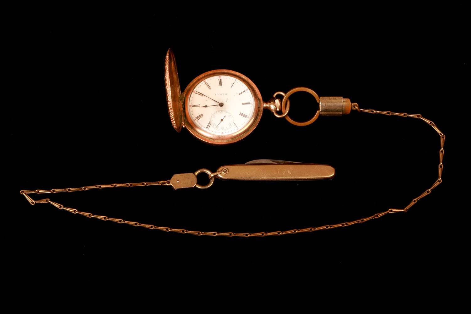 Vintage Elgin Gold Filled Pocket Watch, Chain, and Knife