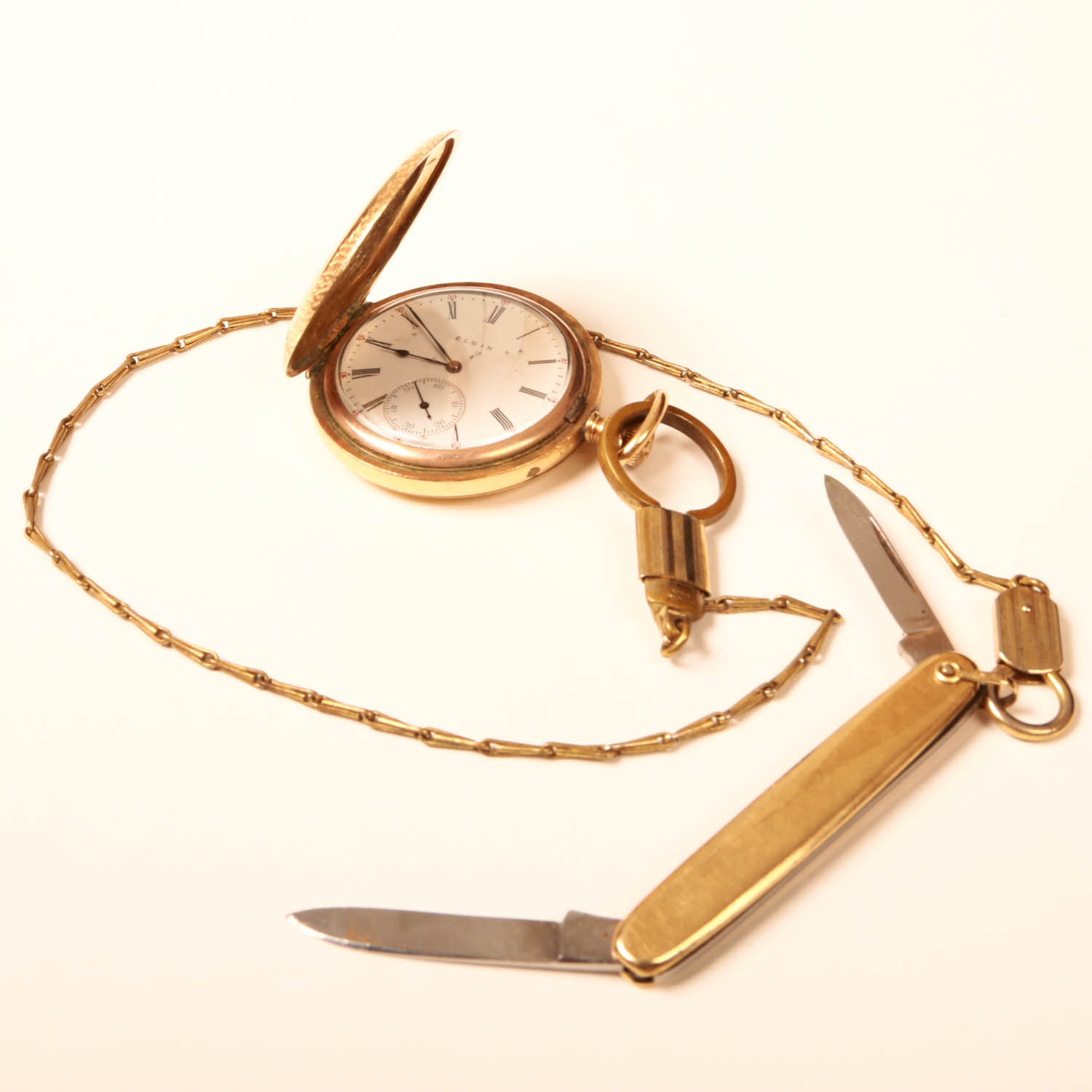 Vintage Elgin Gold Filled Pocket Watch, Chain, and Knife