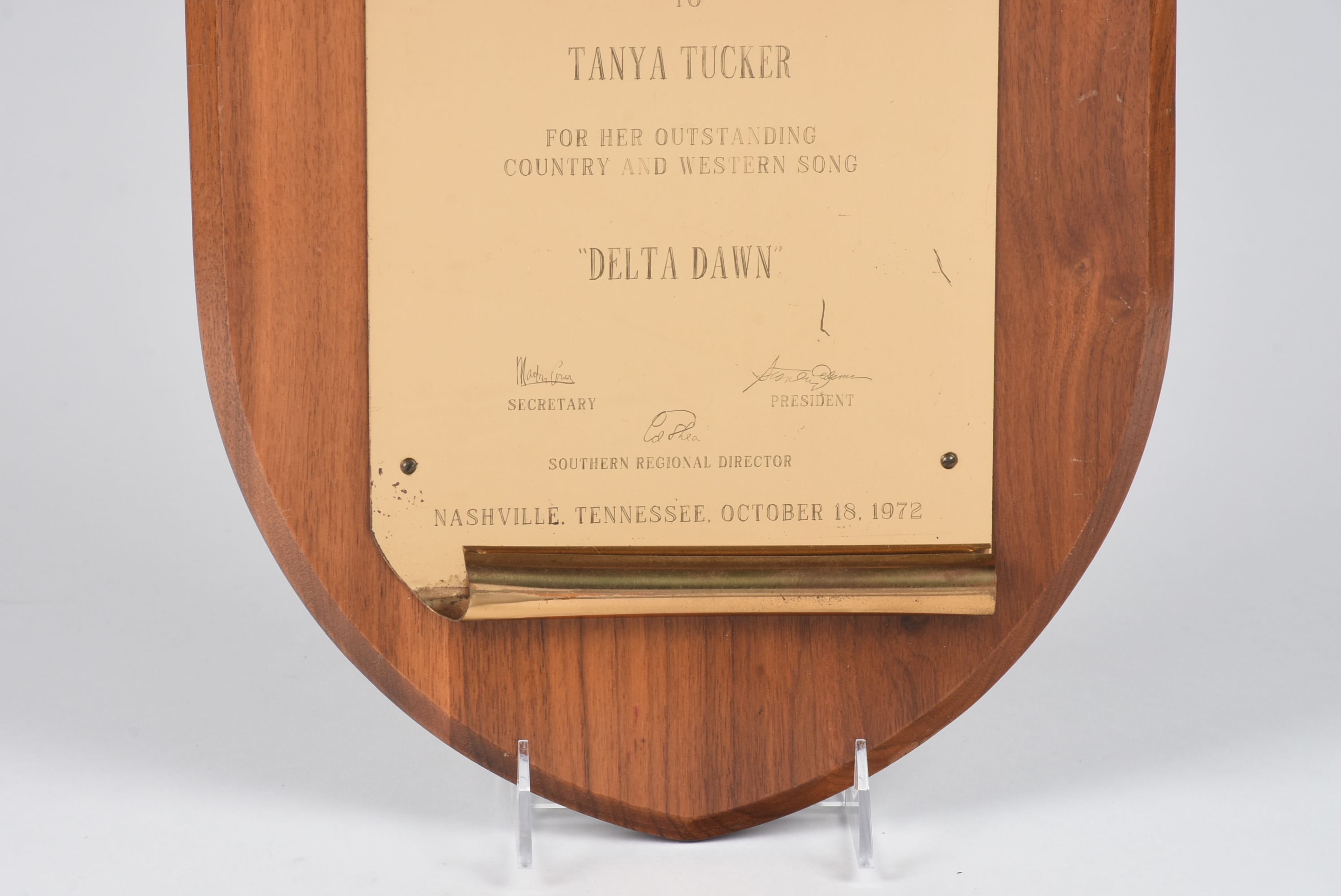 Plaque Presented to Tanya Tucker in 1972 for "Delta Dawn"