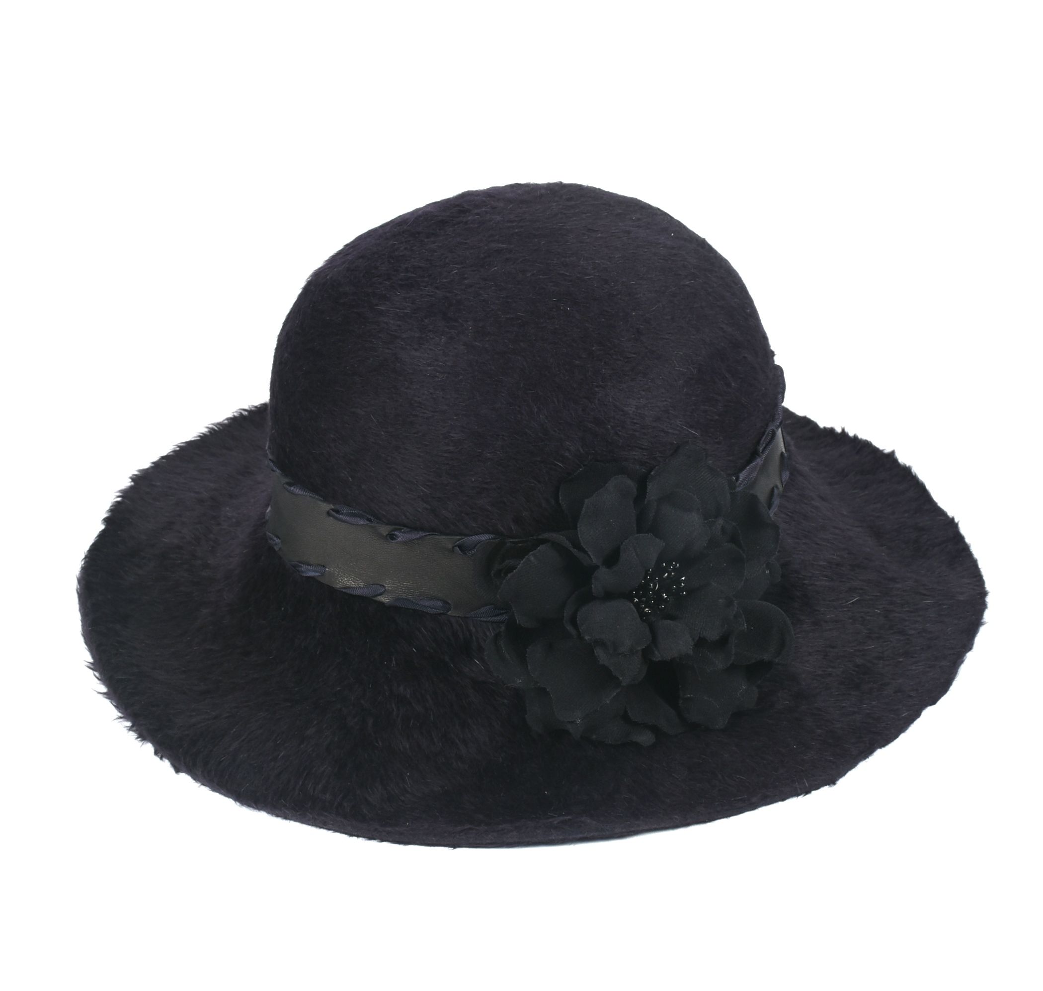 Kat Madhattan of New York Black Faux Fur Bohemian Hat with Flower