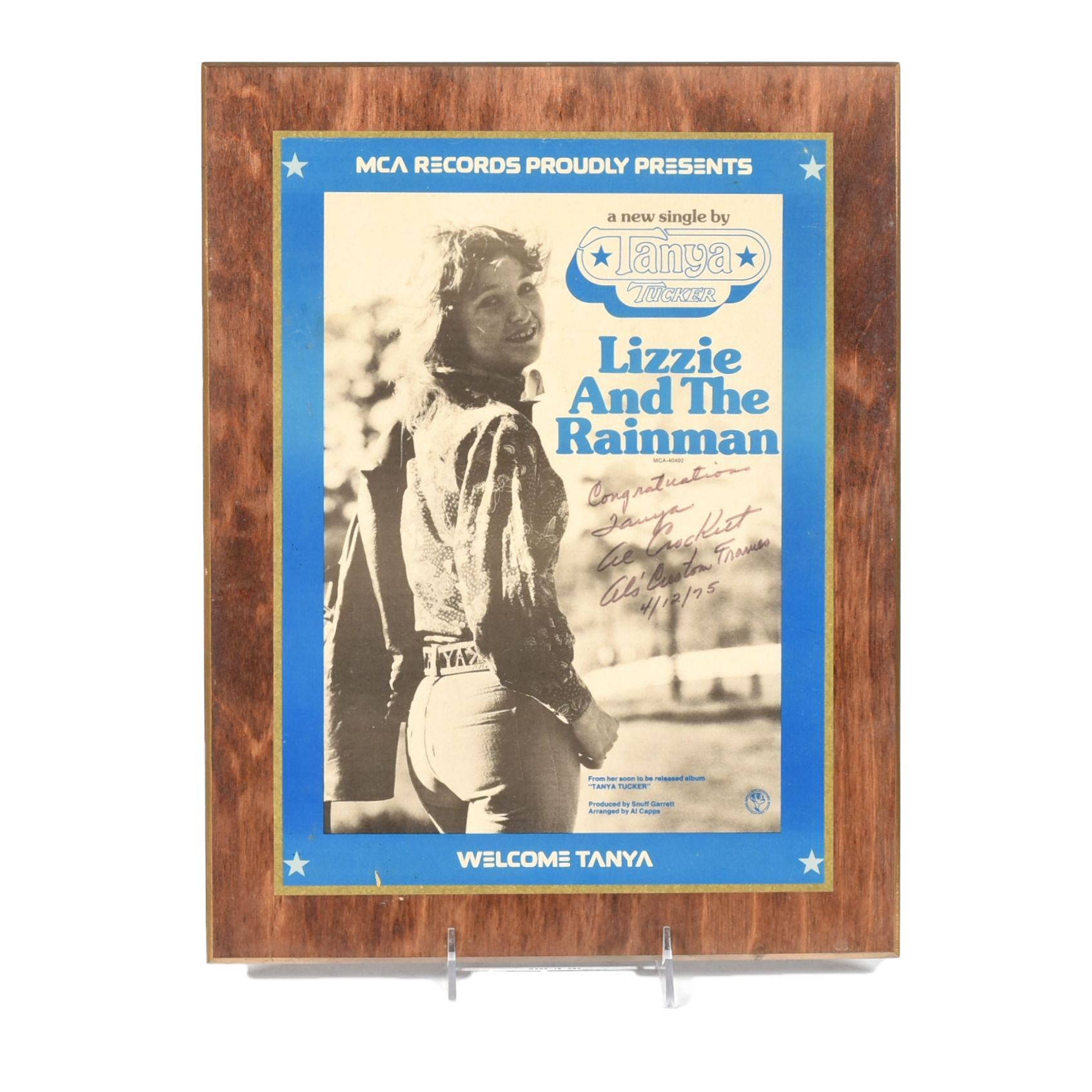 Plaque Given to Tanya Tucker in 1975