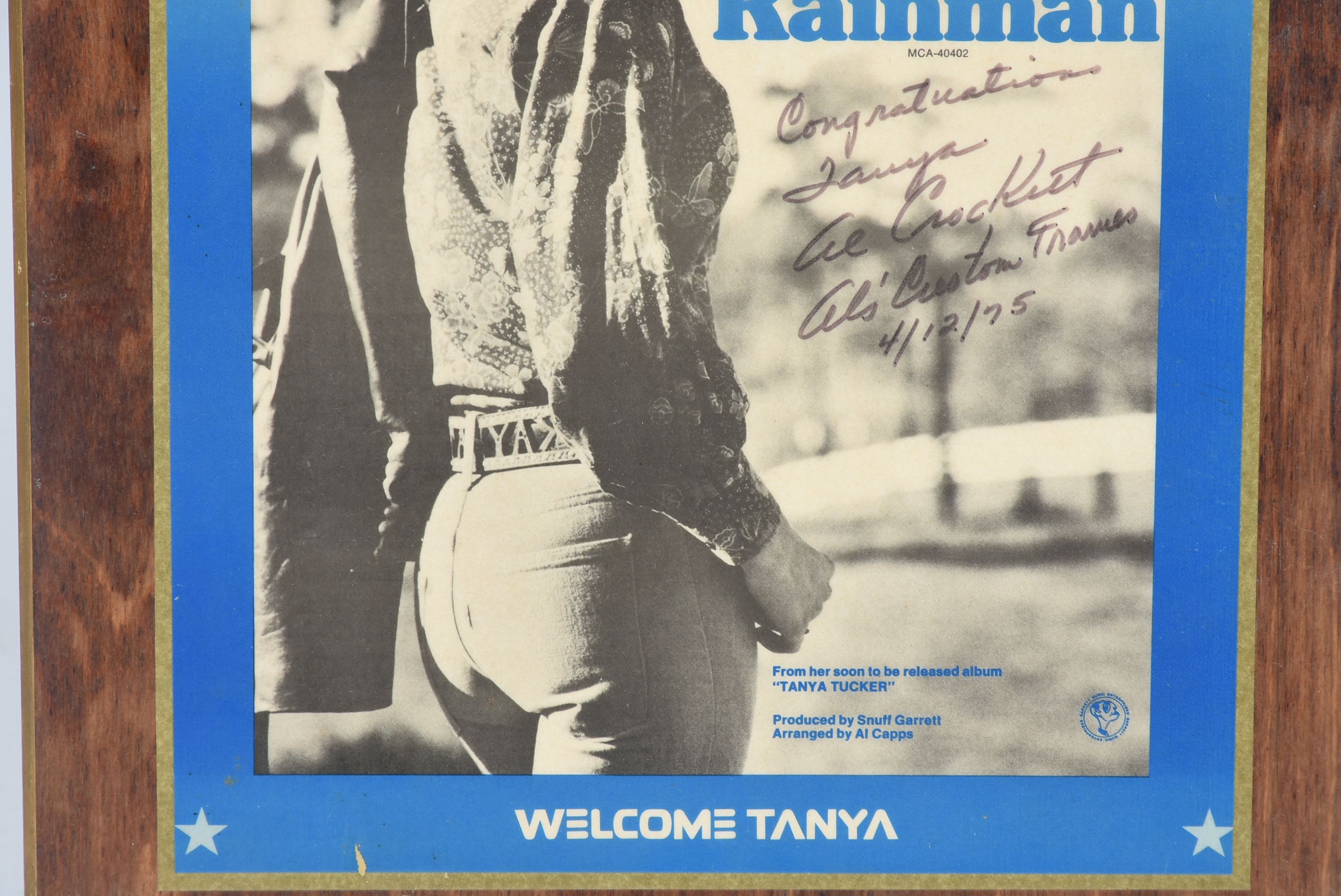 Plaque Given to Tanya Tucker in 1975