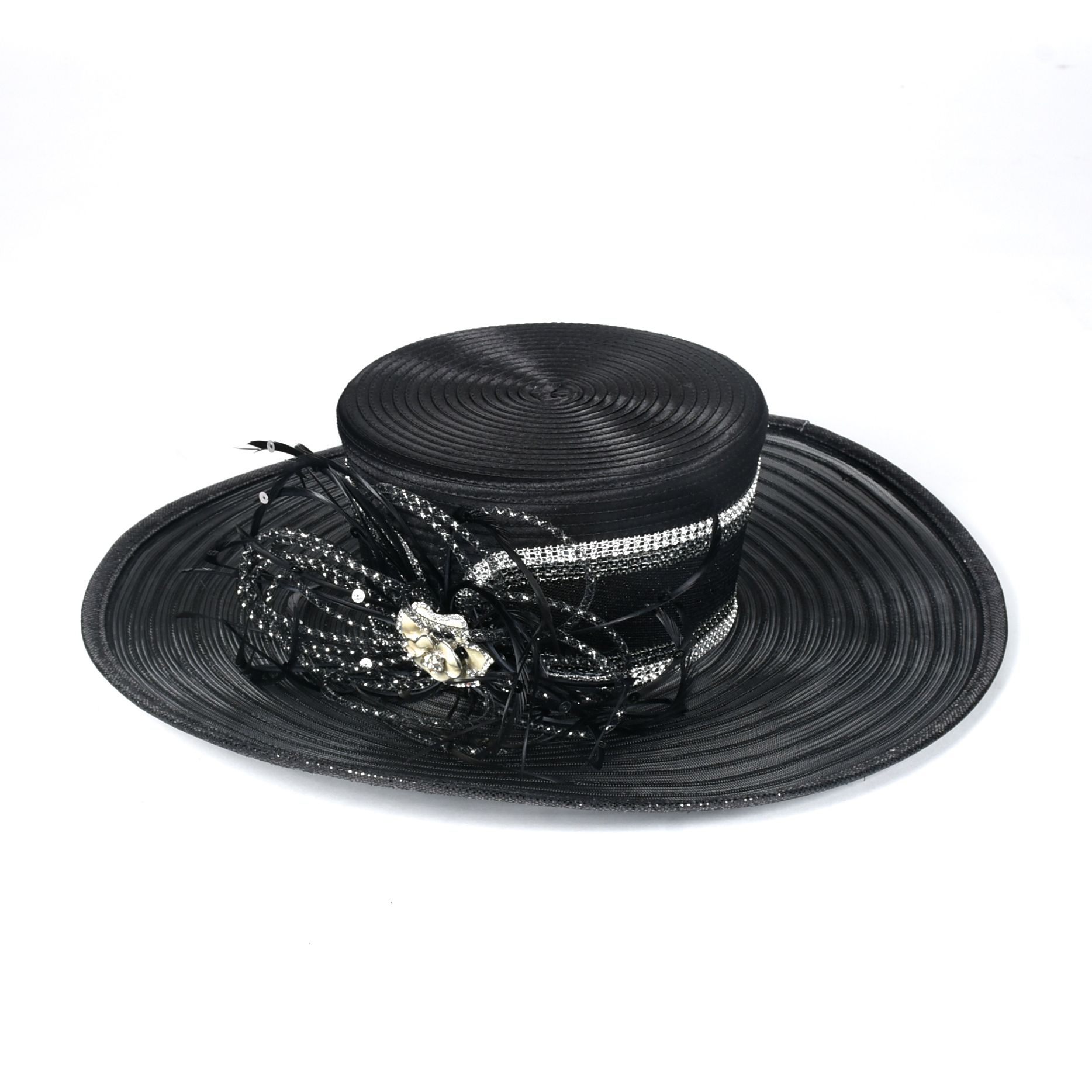 Whittal & Shon Black Cellophane Picture Hat with Rhinestones Tanya Wore at The Steeplechase