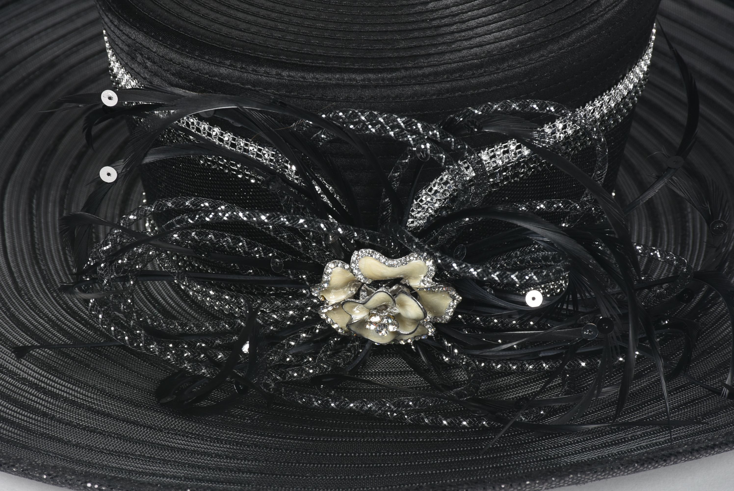 Whittal & Shon Black Cellophane Picture Hat with Rhinestones Tanya Wore at The Steeplechase