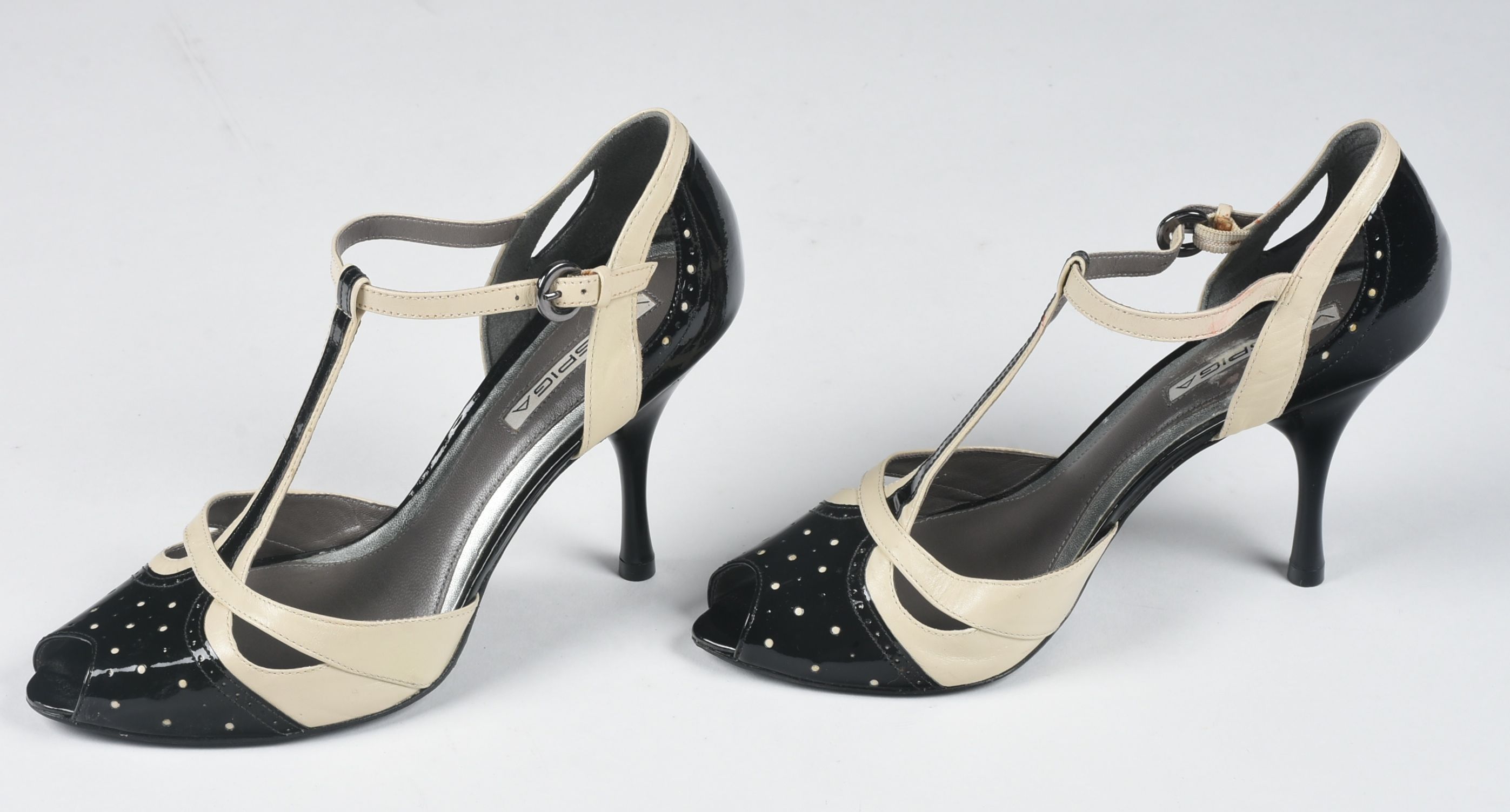 Via Spiga Peep-Toe Patent Leather Heels in Black and Off-White
