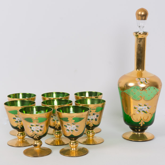 Gold and Green Decanter with Glasses Set