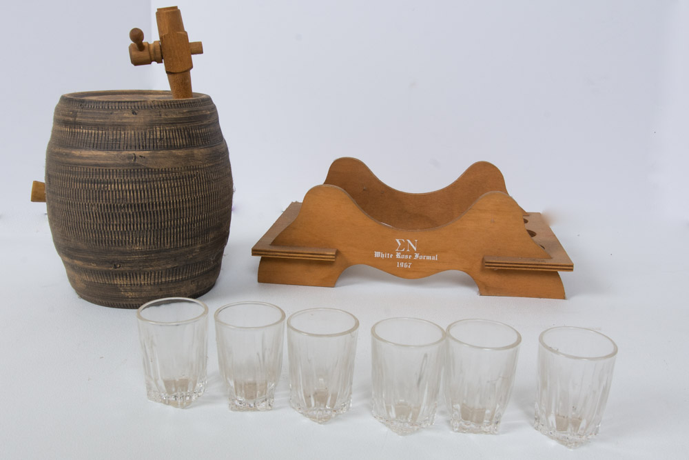 Sigma Nu 1967 White Rose Formal Cask and Shot Glasses