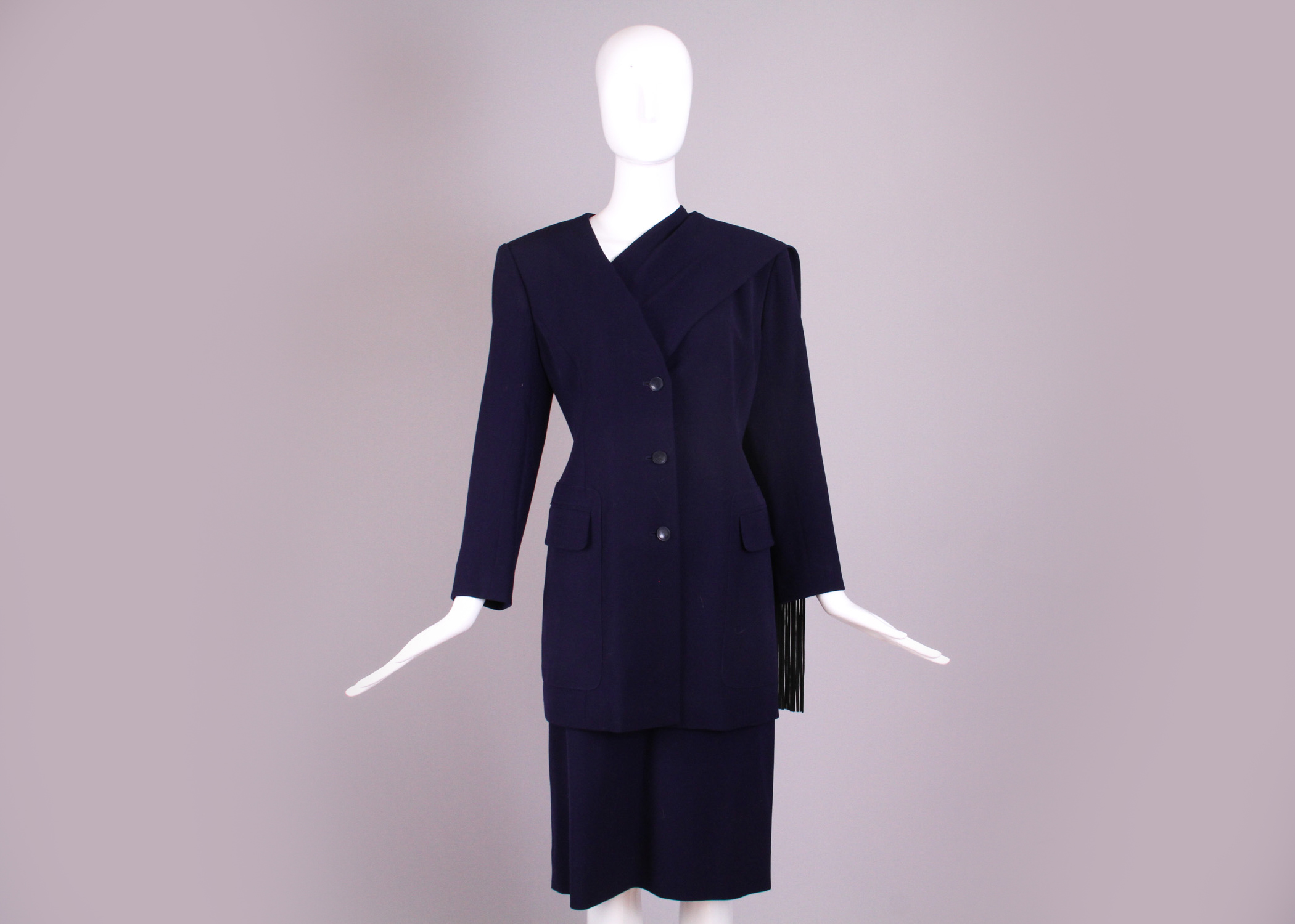 Vintage Women's Hermes Jacket and Skirt Ensemble with Detachable Leather Fringe Scarf