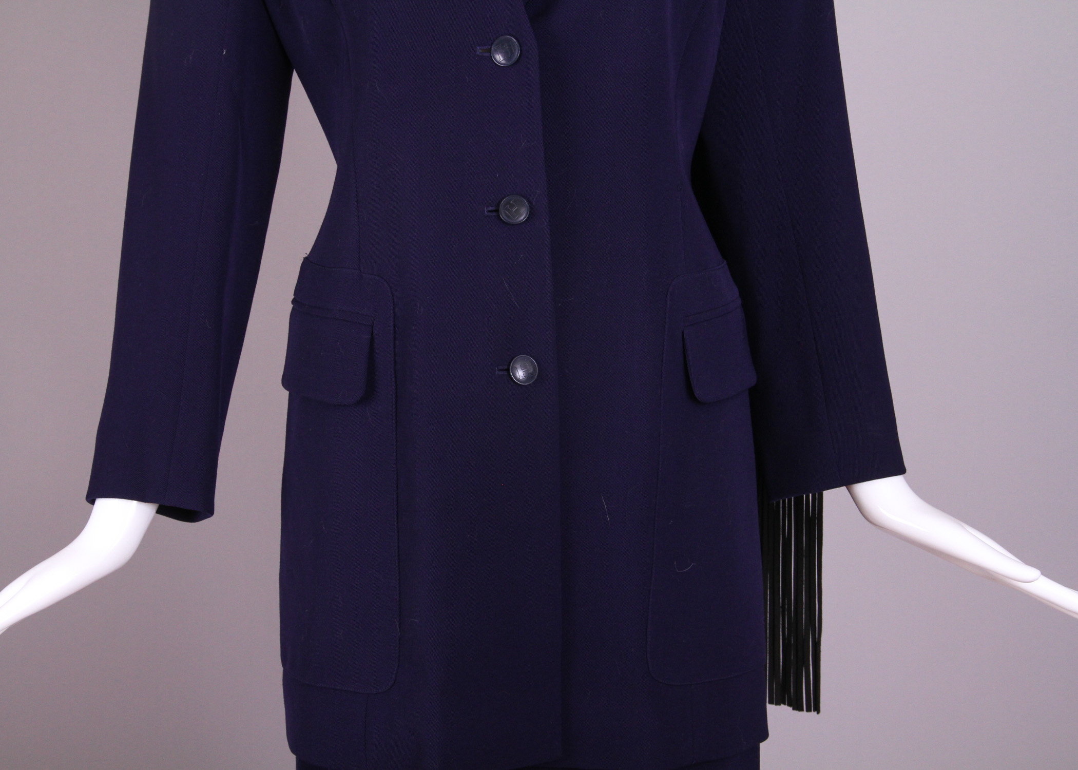 Vintage Women's Hermes Jacket and Skirt Ensemble with Detachable Leather Fringe Scarf