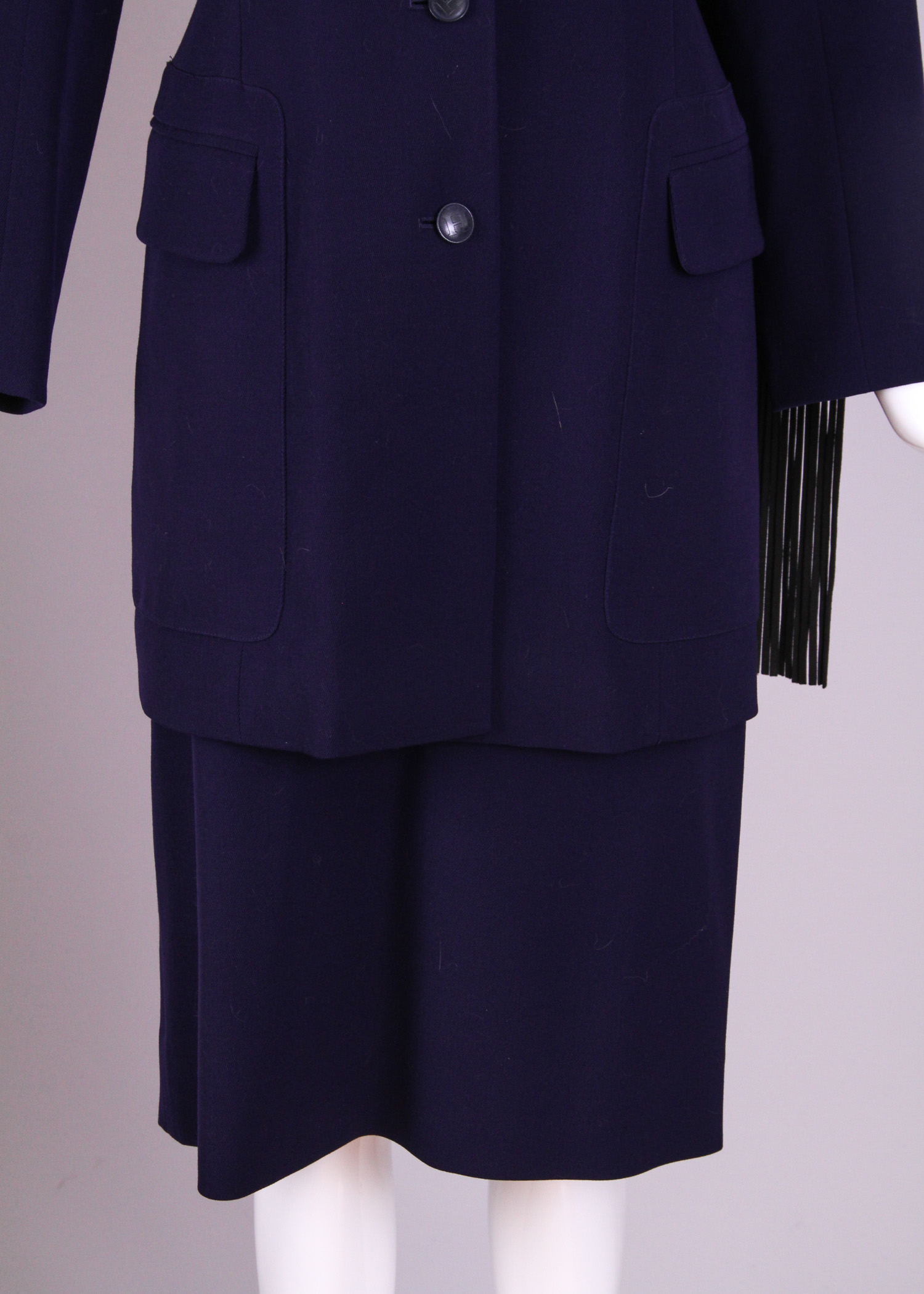 Vintage Women's Hermes Jacket and Skirt Ensemble with Detachable Leather Fringe Scarf