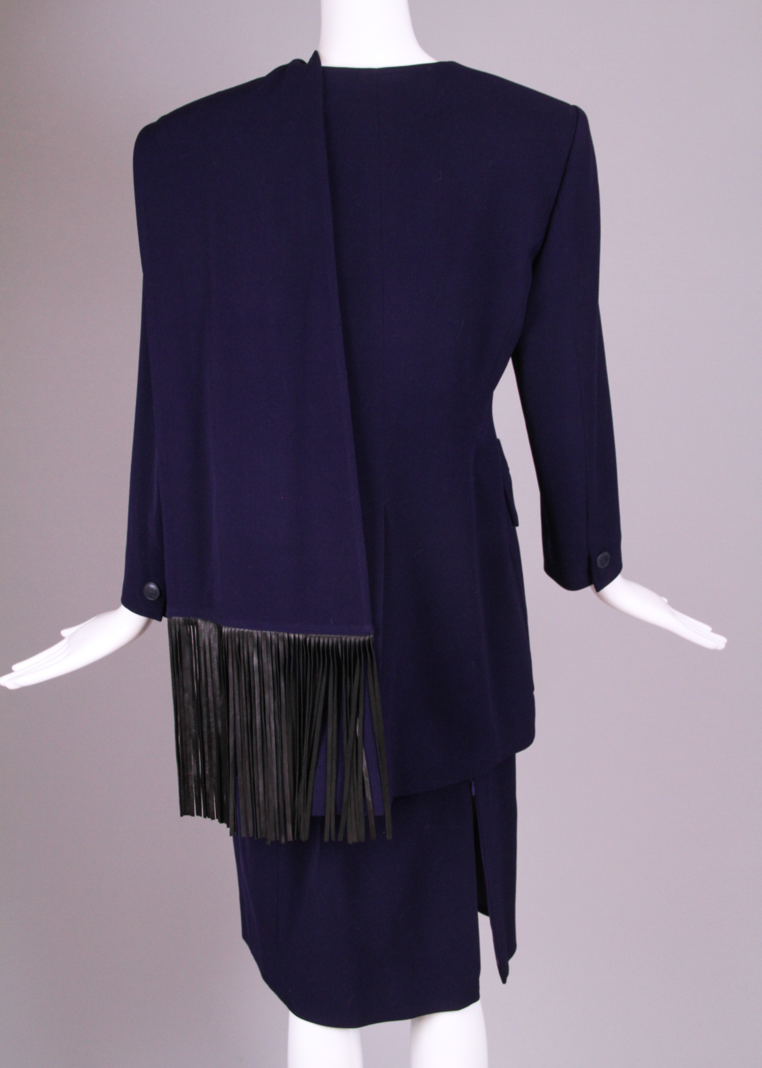 Vintage Women's Hermes Jacket and Skirt Ensemble with Detachable Leather Fringe Scarf