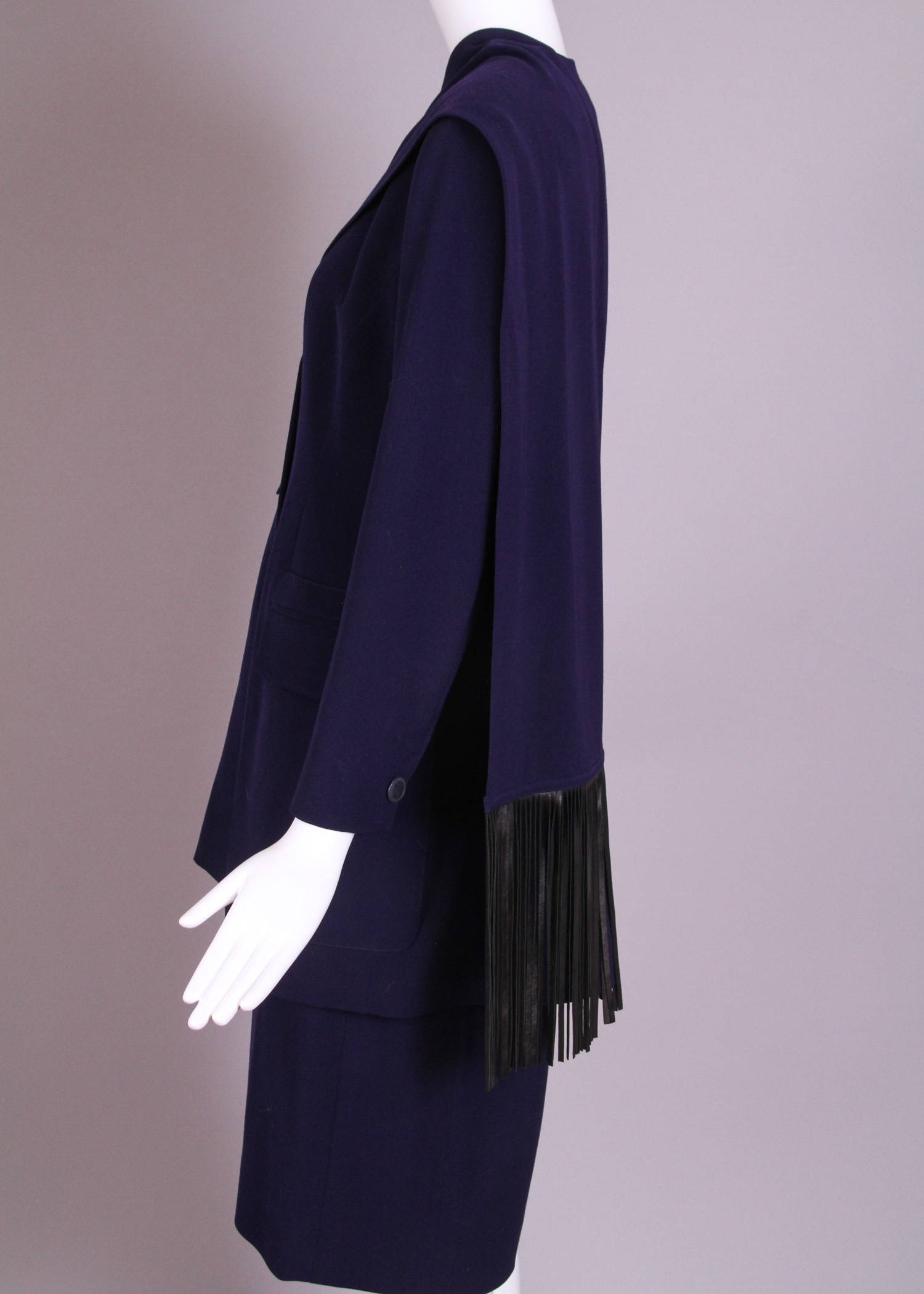 Vintage Women's Hermes Jacket and Skirt Ensemble with Detachable Leather Fringe Scarf