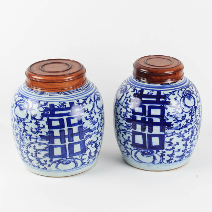 Pair of Chinese Hand Painted Double Happiness Ginger Jars