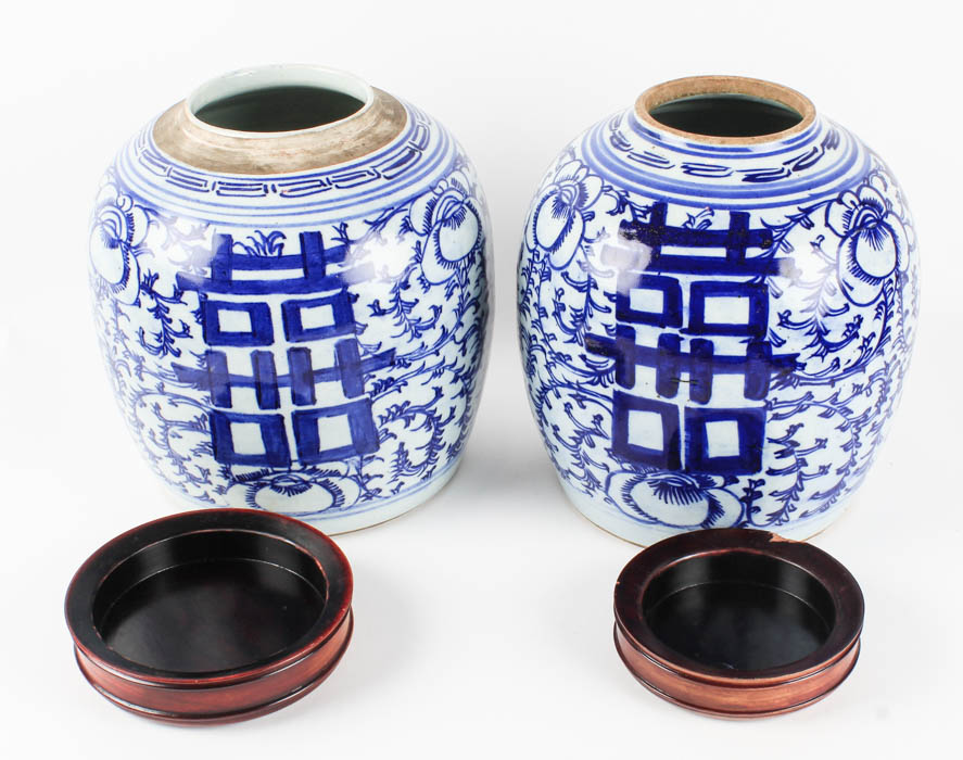 Pair of Chinese Hand Painted Double Happiness Ginger Jars