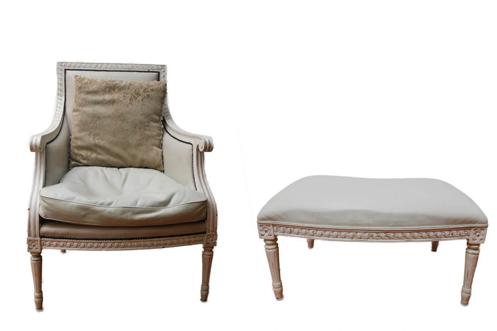 Off White Leather Armchair and Footstool
