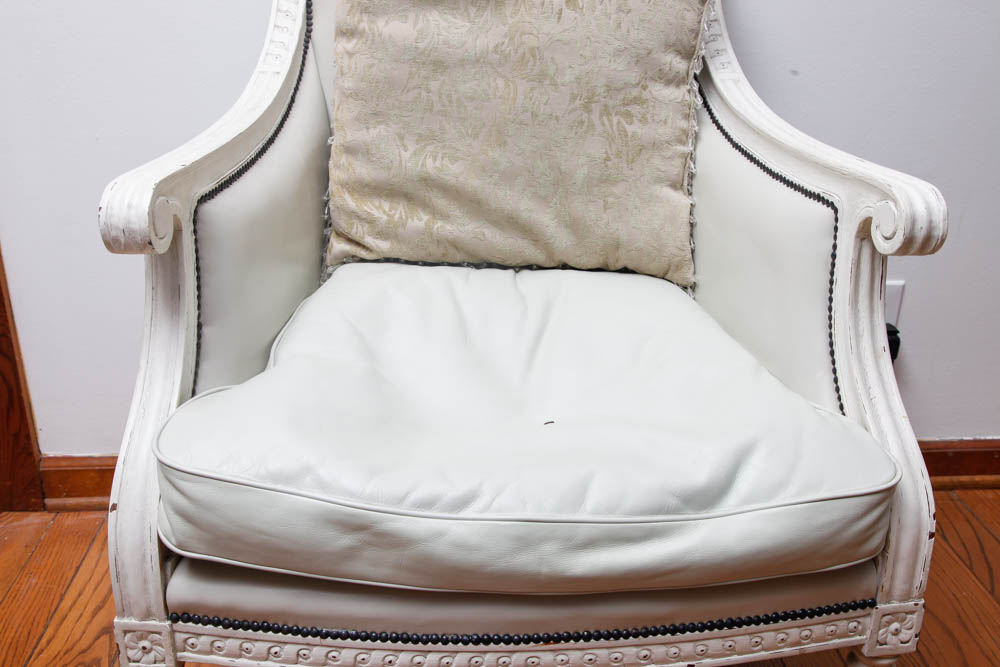 Off White Leather Armchair and Footstool