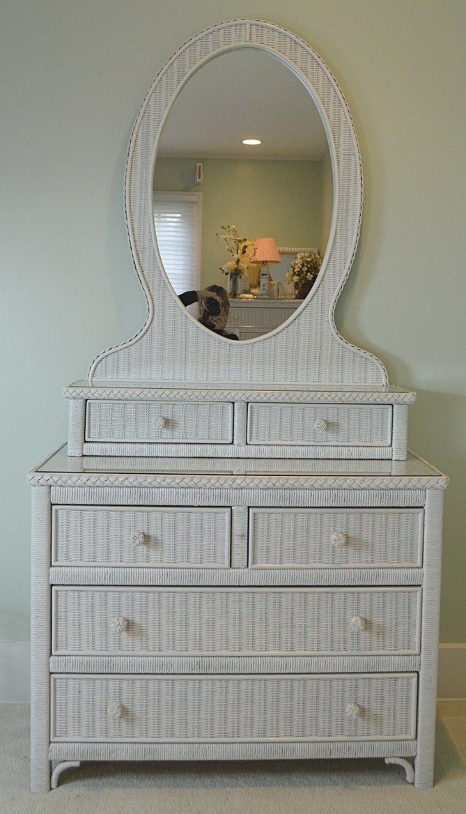 White Wicker Dresser with Mirror