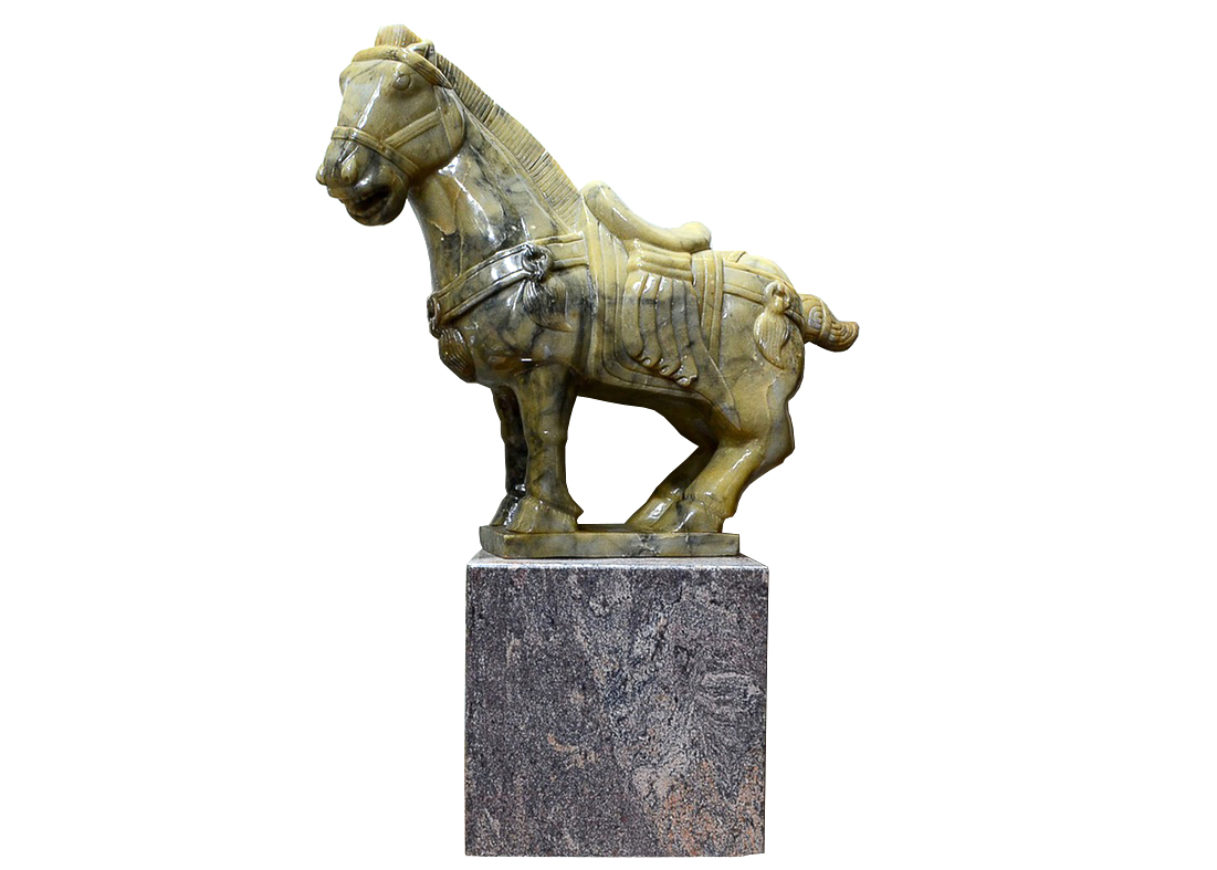 Tang Dynasty Style Jade Horse Sculpture on Marble Plinth