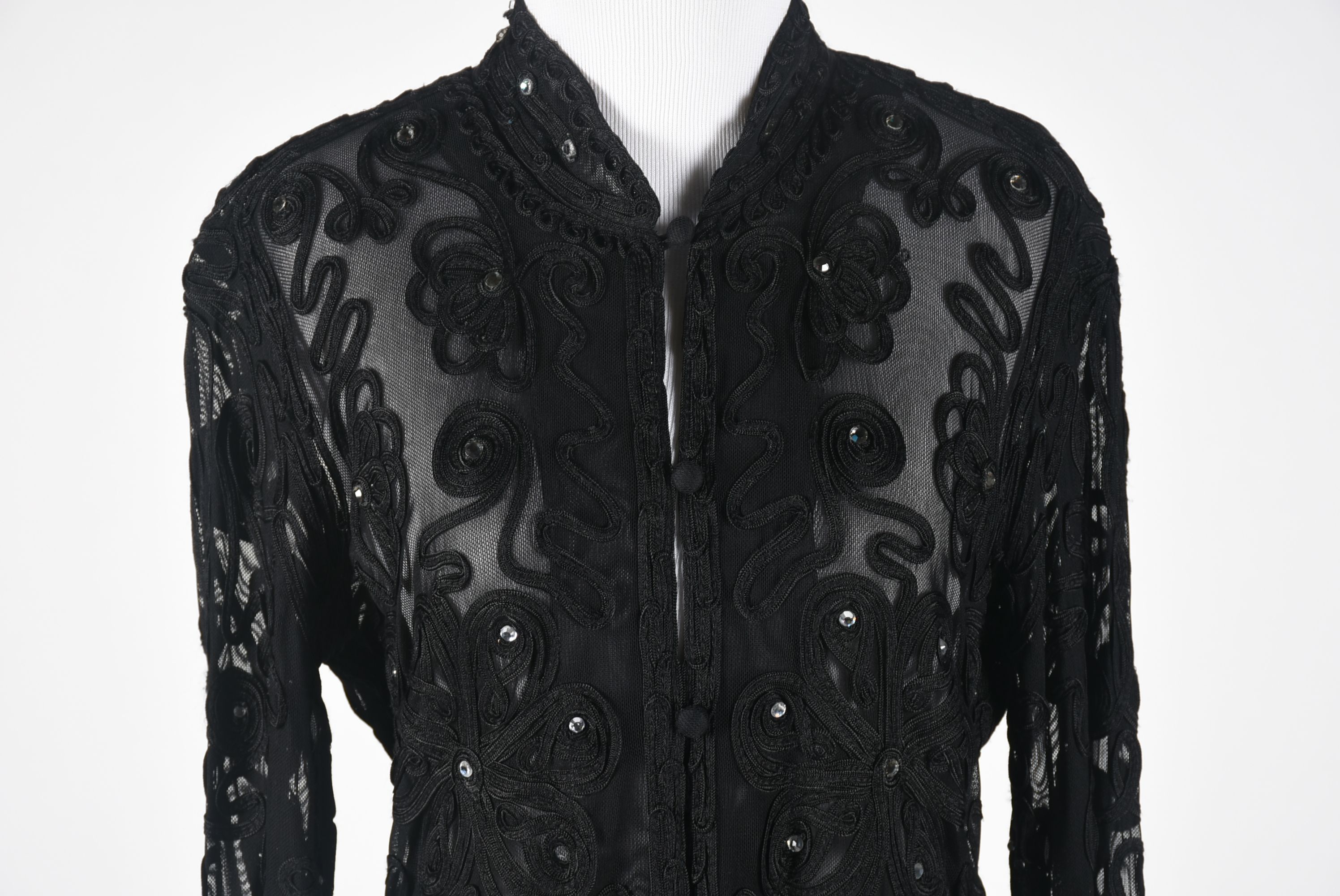 Cache Black Ribbon Mesh Evening Jacket with Hand Set Crystal Rhinestones