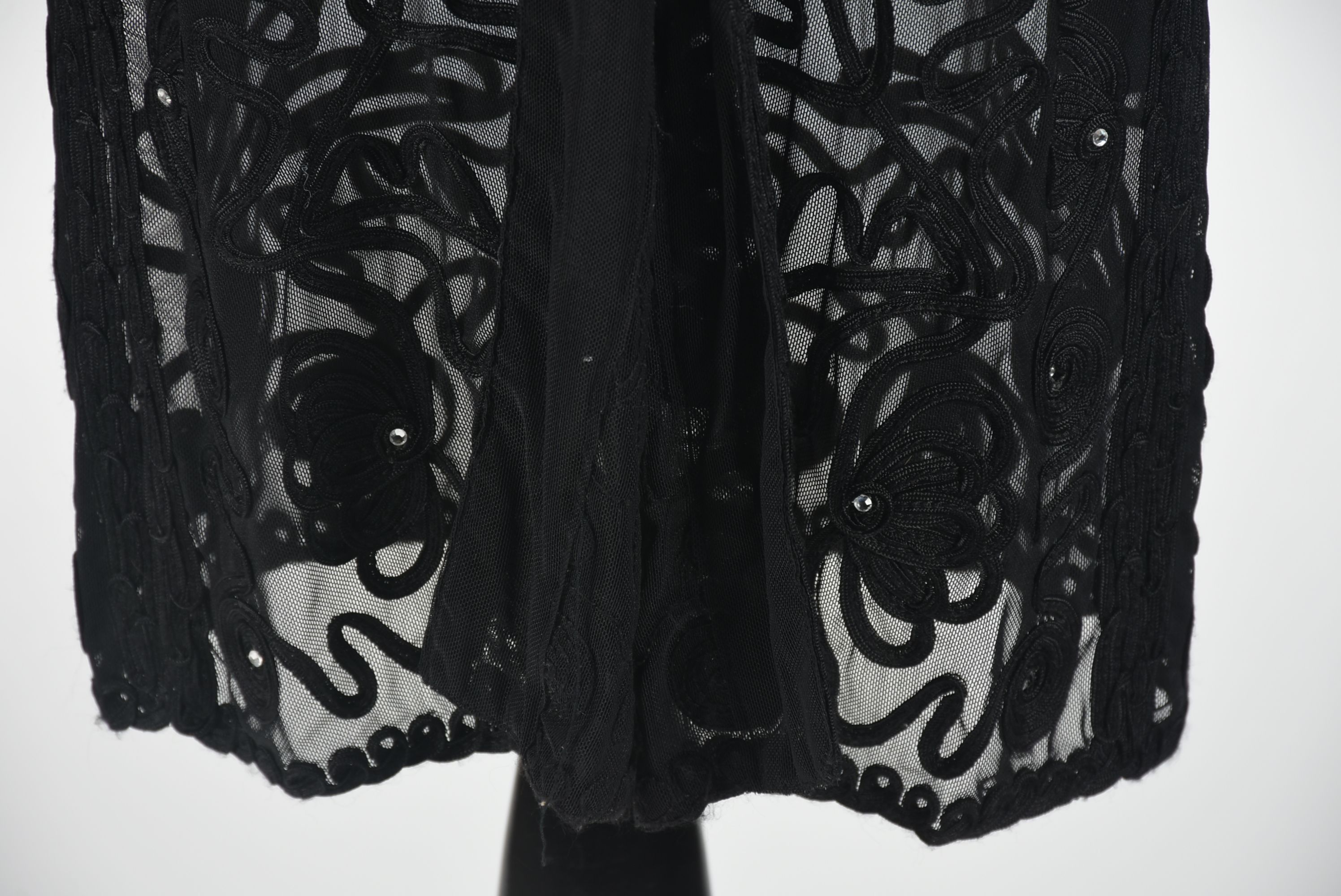 Cache Black Ribbon Mesh Evening Jacket with Hand Set Crystal Rhinestones