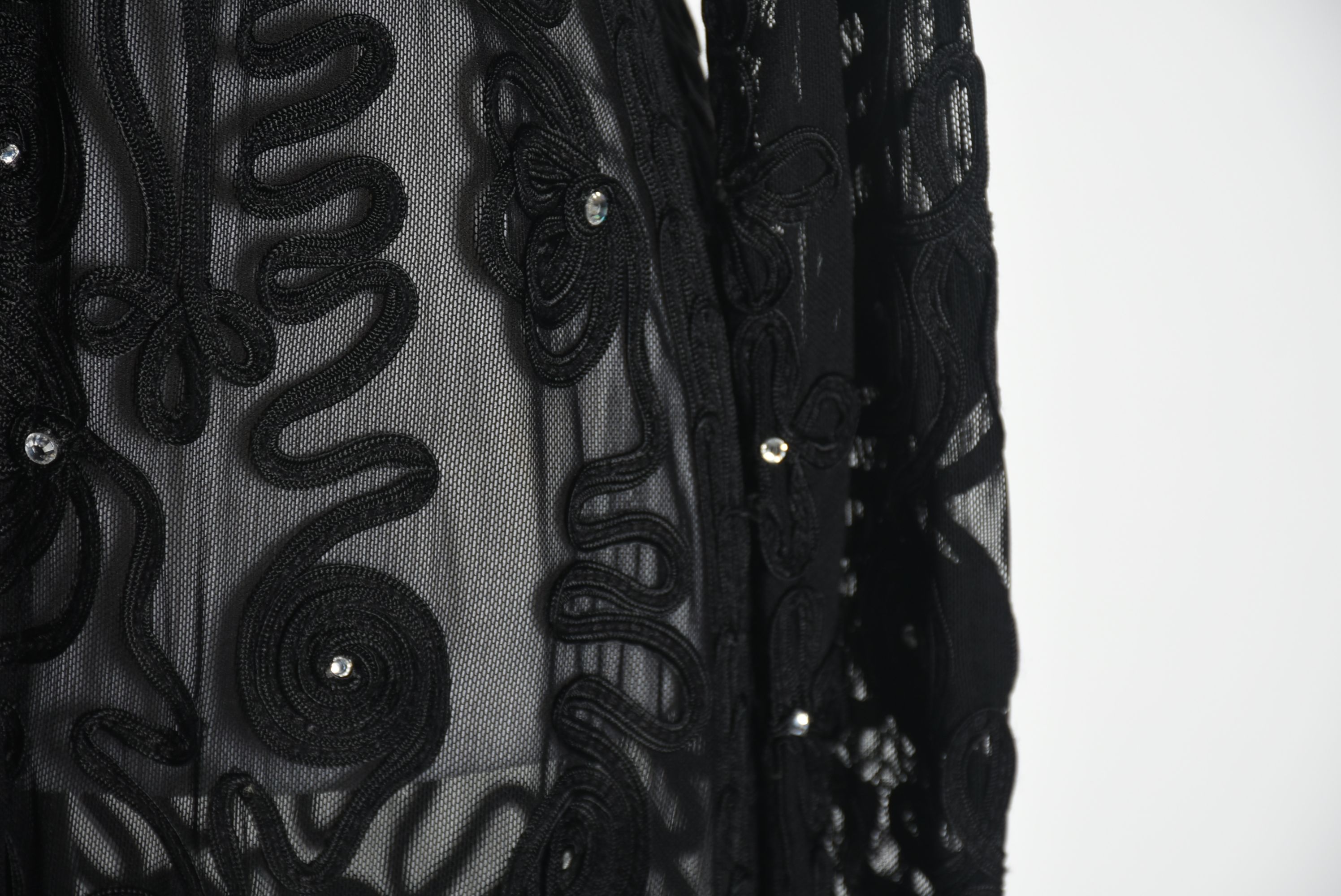 Cache Black Ribbon Mesh Evening Jacket with Hand Set Crystal Rhinestones