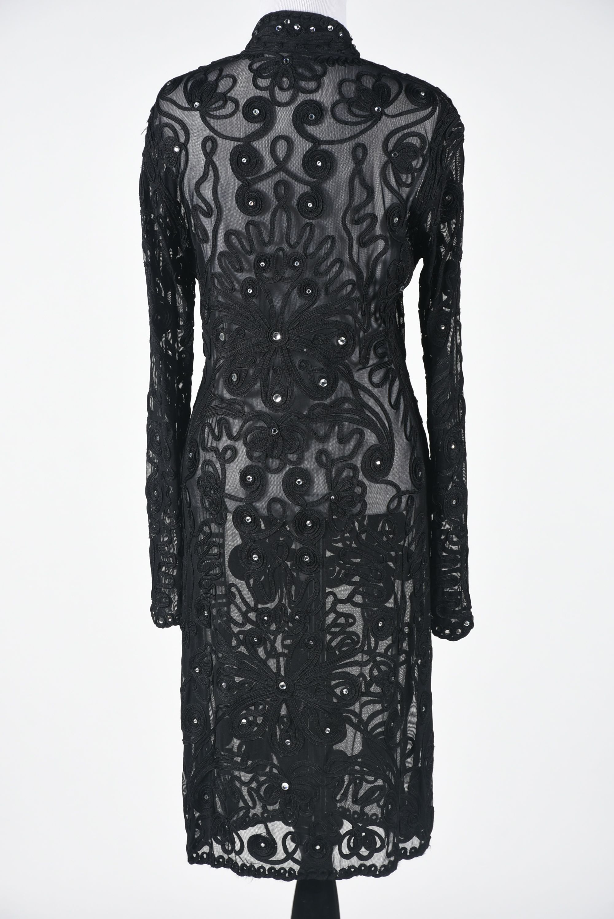 Cache Black Ribbon Mesh Evening Jacket with Hand Set Crystal Rhinestones