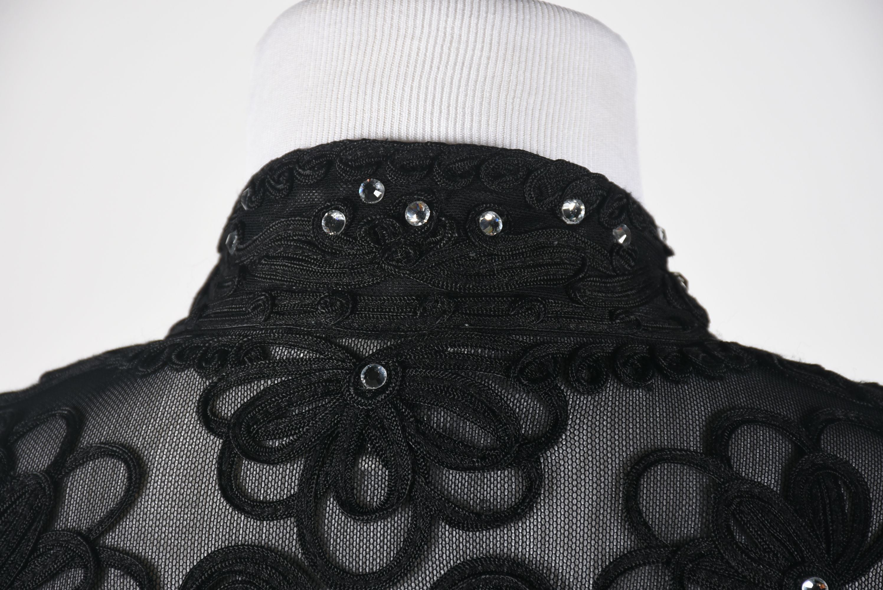 Cache Black Ribbon Mesh Evening Jacket with Hand Set Crystal Rhinestones