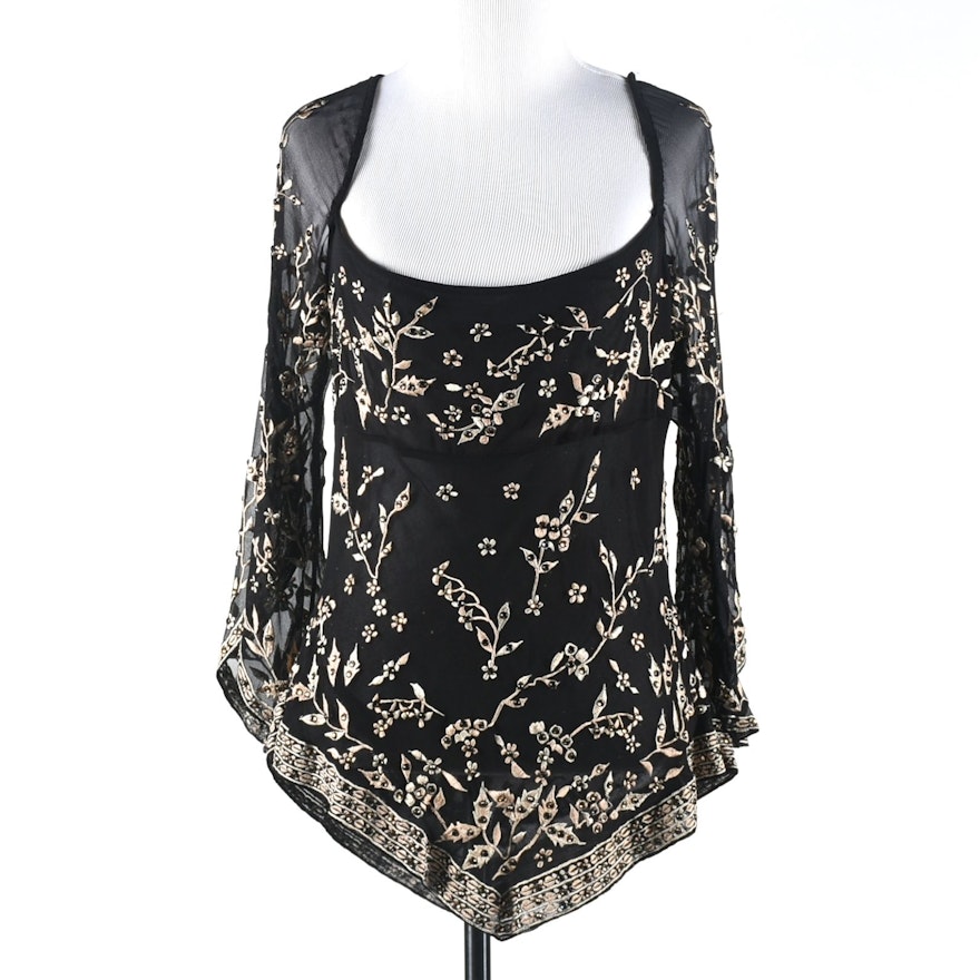 Black Silk Embroidered Blouse with Hand Set Golden Champagne Swarovski Crystal Rhinestones