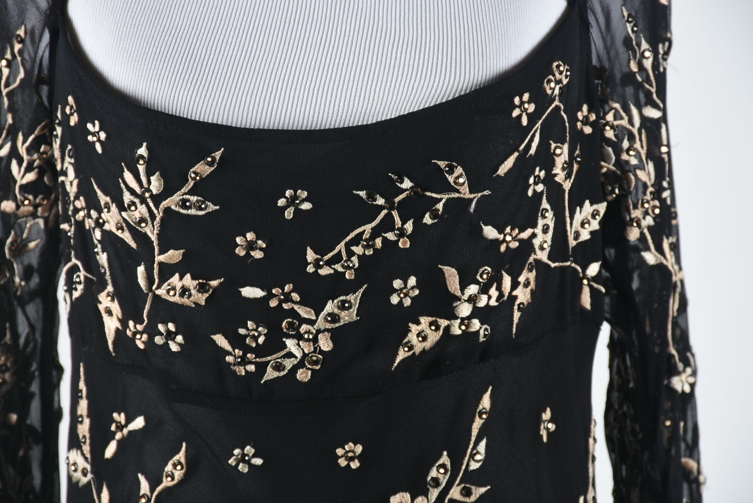 Black Silk Embroidered Blouse with Hand Set Golden Champagne Swarovski Crystal Rhinestones