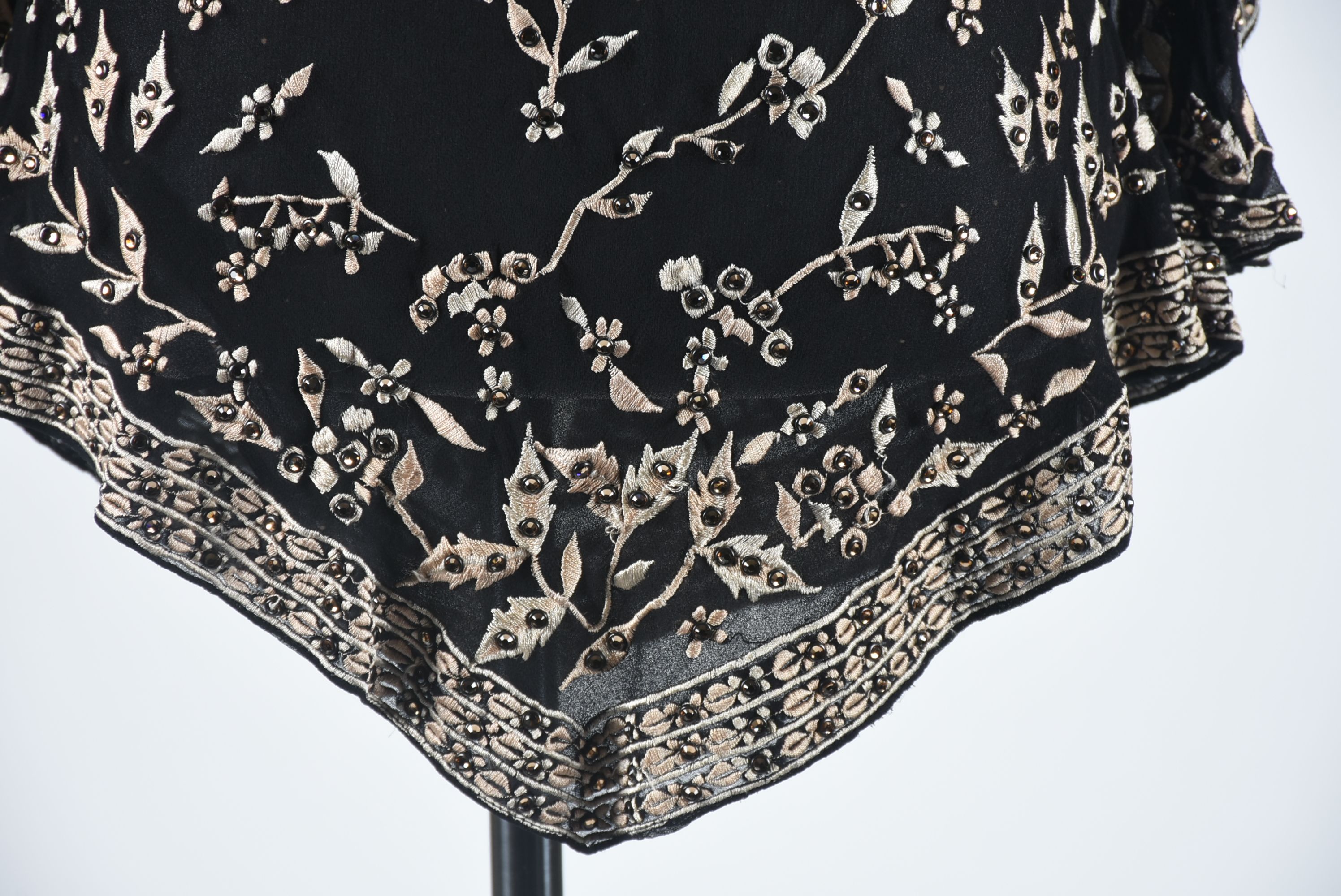 Black Silk Embroidered Blouse with Hand Set Golden Champagne Swarovski Crystal Rhinestones