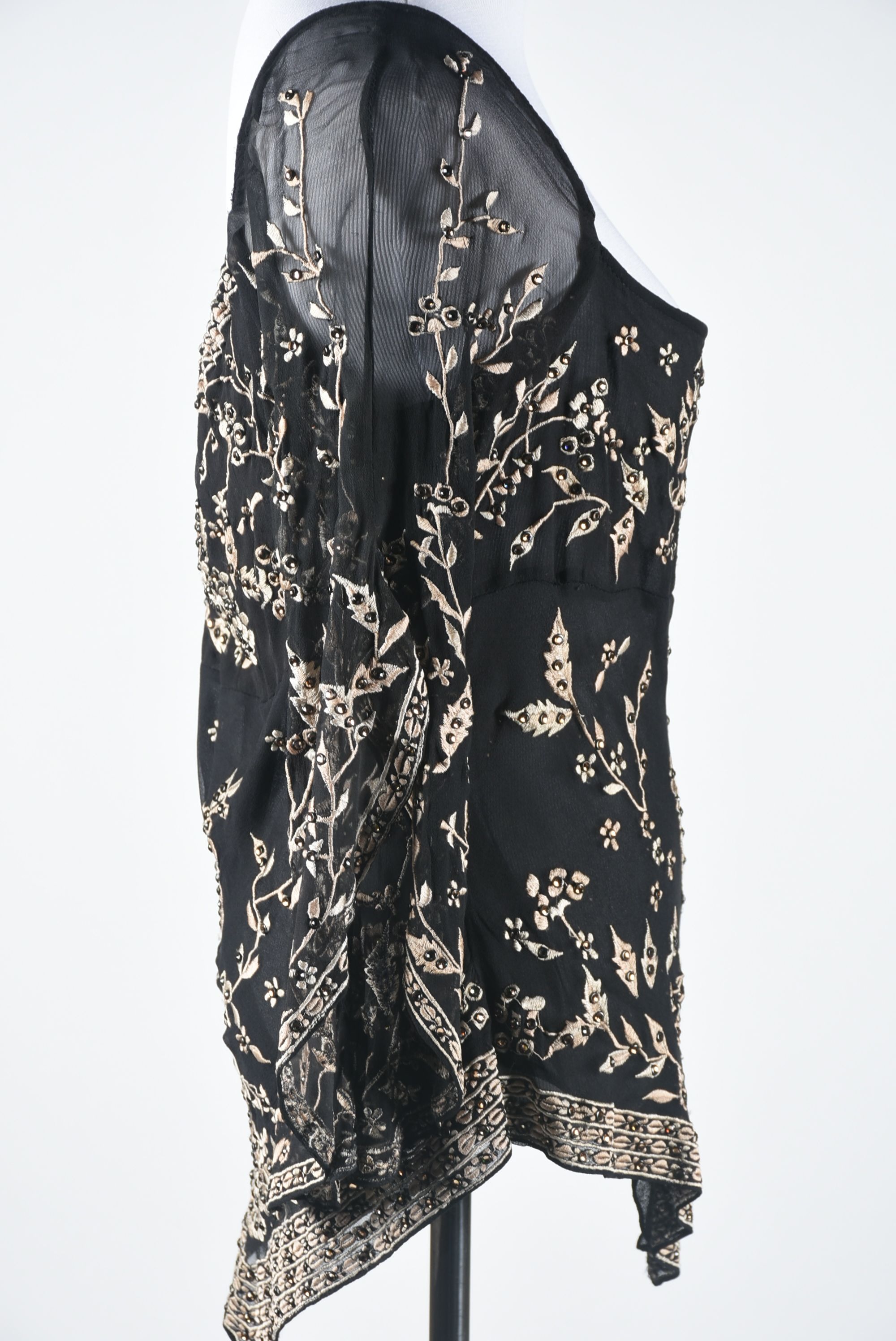 Black Silk Embroidered Blouse with Hand Set Golden Champagne Swarovski Crystal Rhinestones