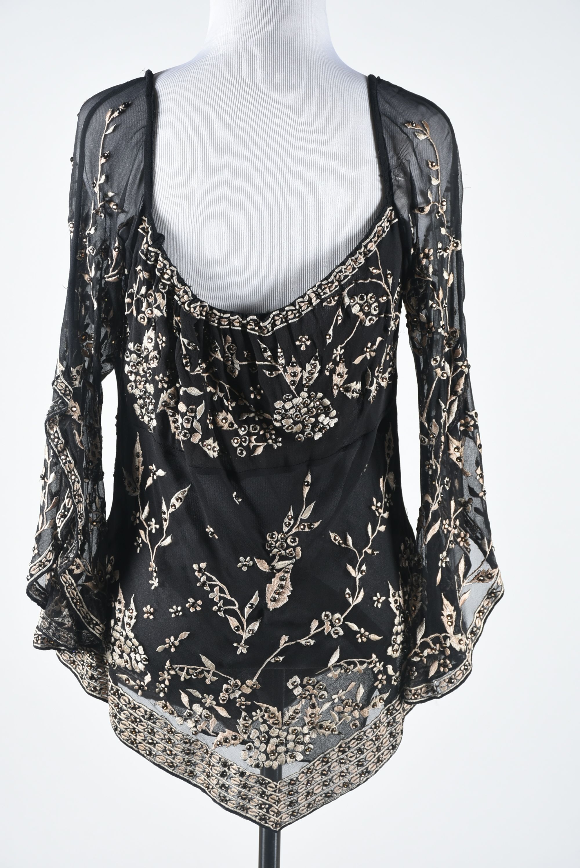 Black Silk Embroidered Blouse with Hand Set Golden Champagne Swarovski Crystal Rhinestones