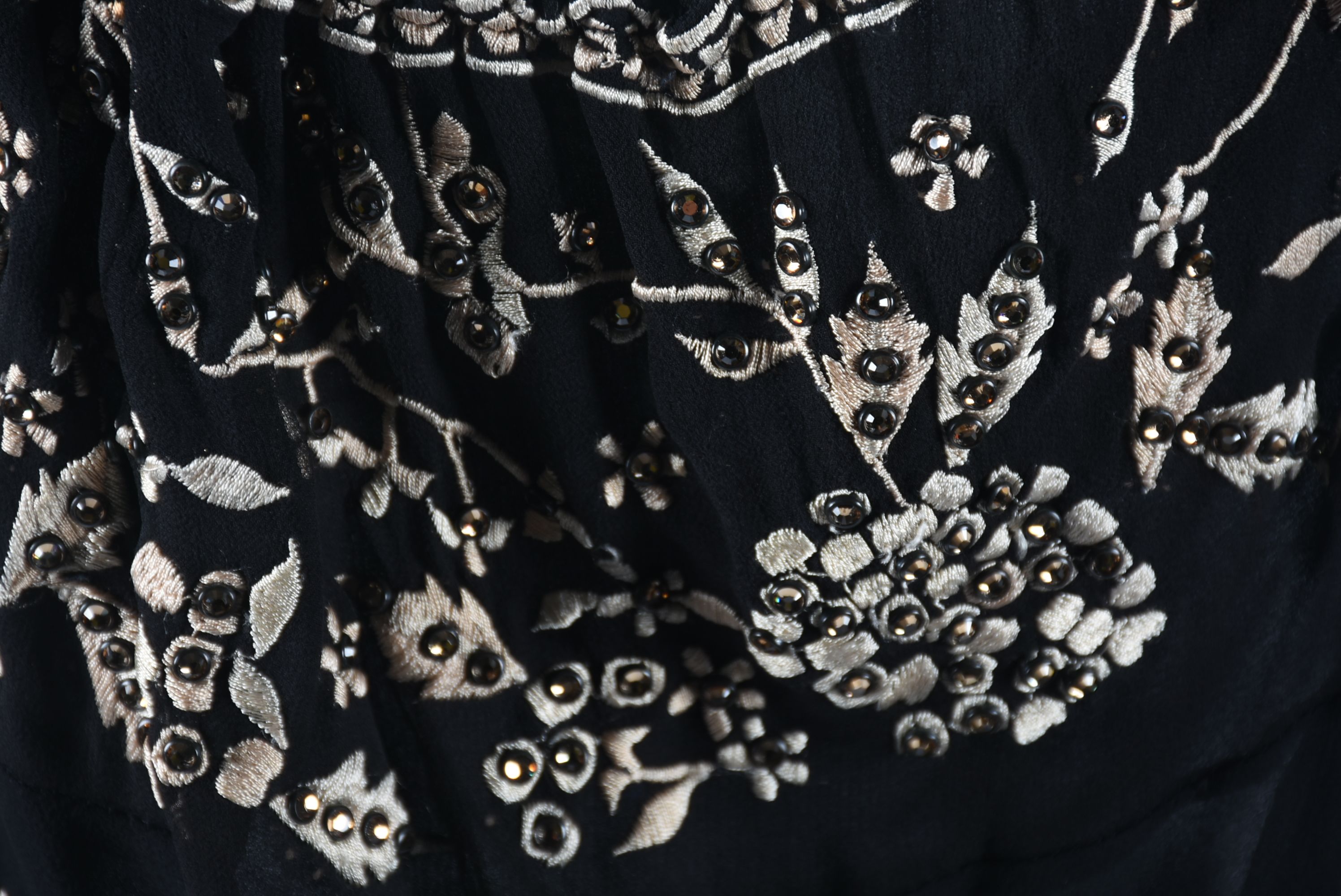 Black Silk Embroidered Blouse with Hand Set Golden Champagne Swarovski Crystal Rhinestones