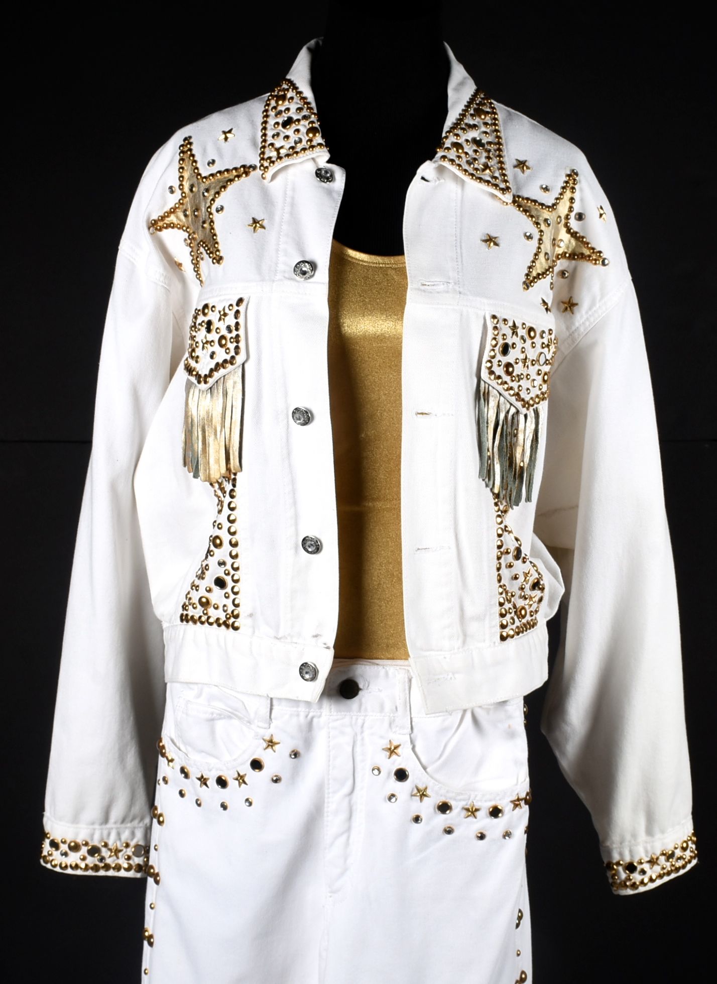 Embellished White Denim Stage Ensemble with Suede Fringe