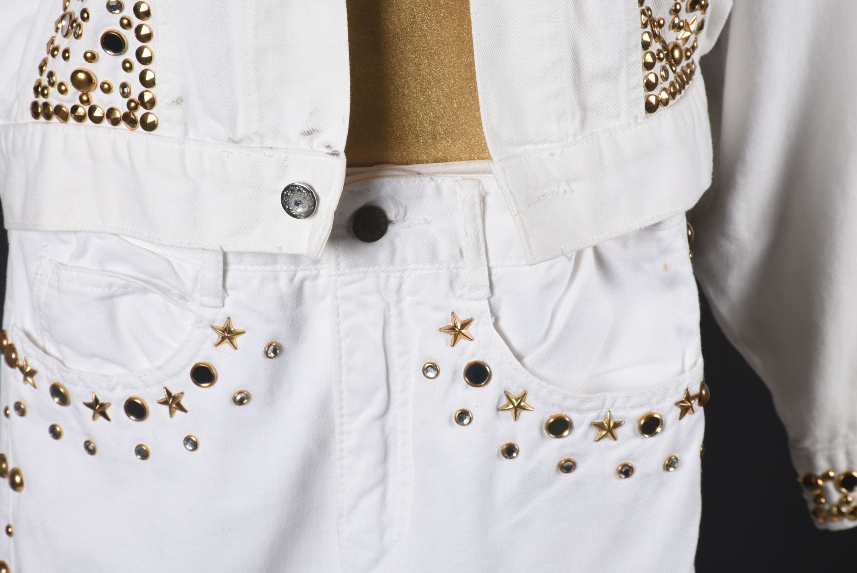 Embellished White Denim Stage Ensemble with Suede Fringe