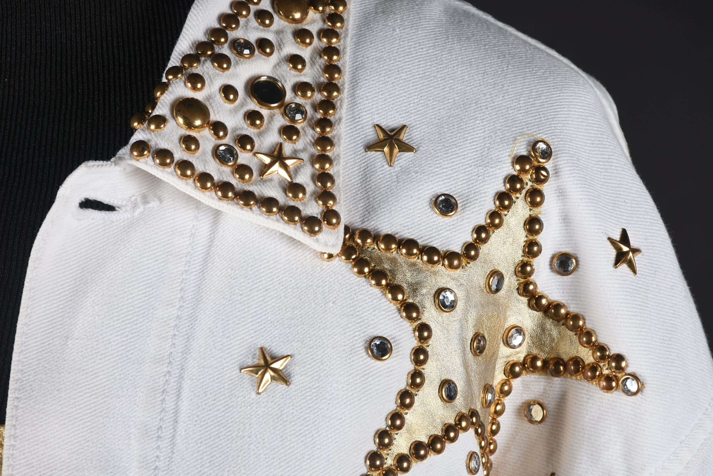 Embellished White Denim Stage Ensemble with Suede Fringe